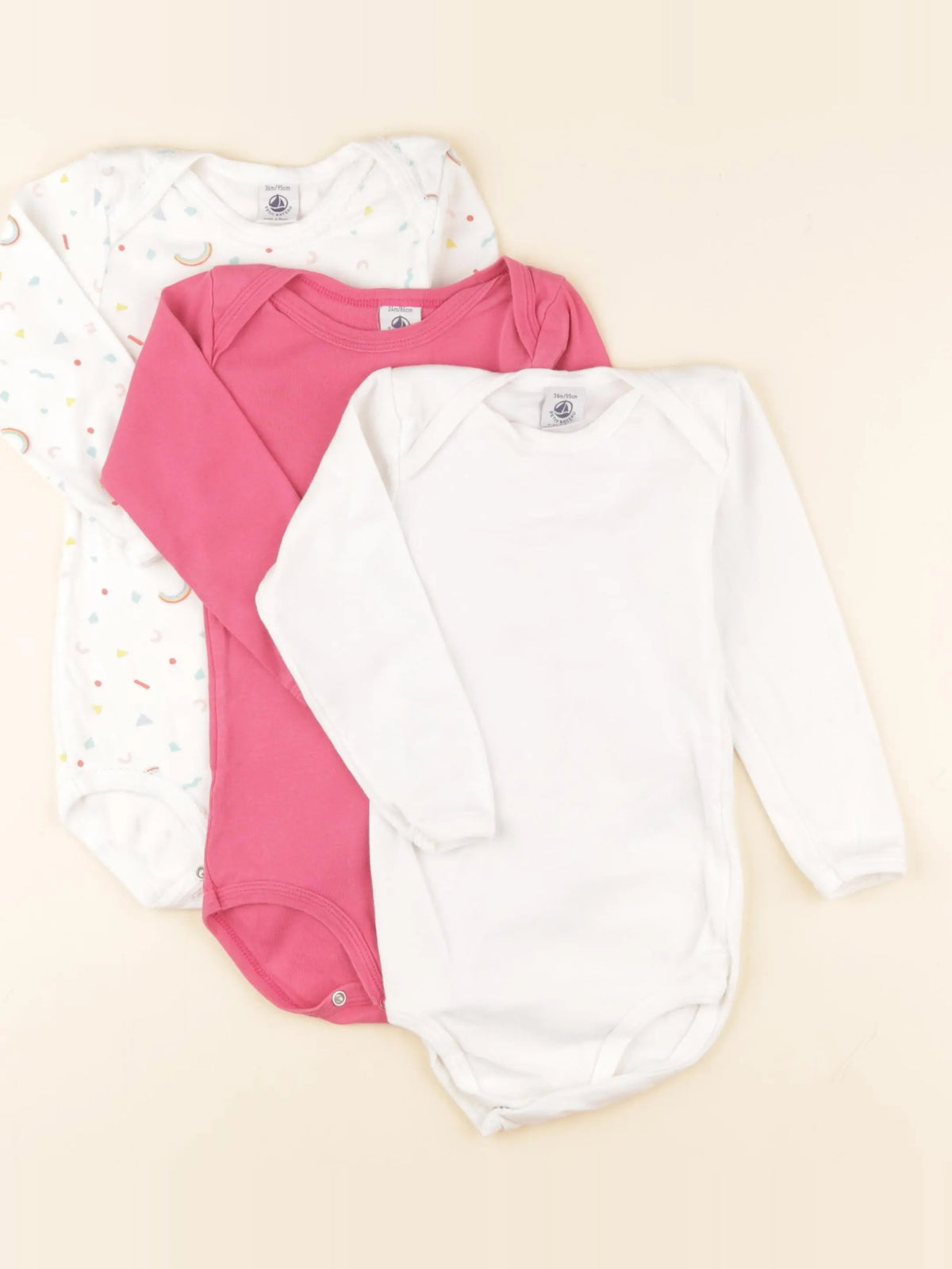 Petit Bateau - lot de 3 bodies en coton blanc, rose - 36 mois