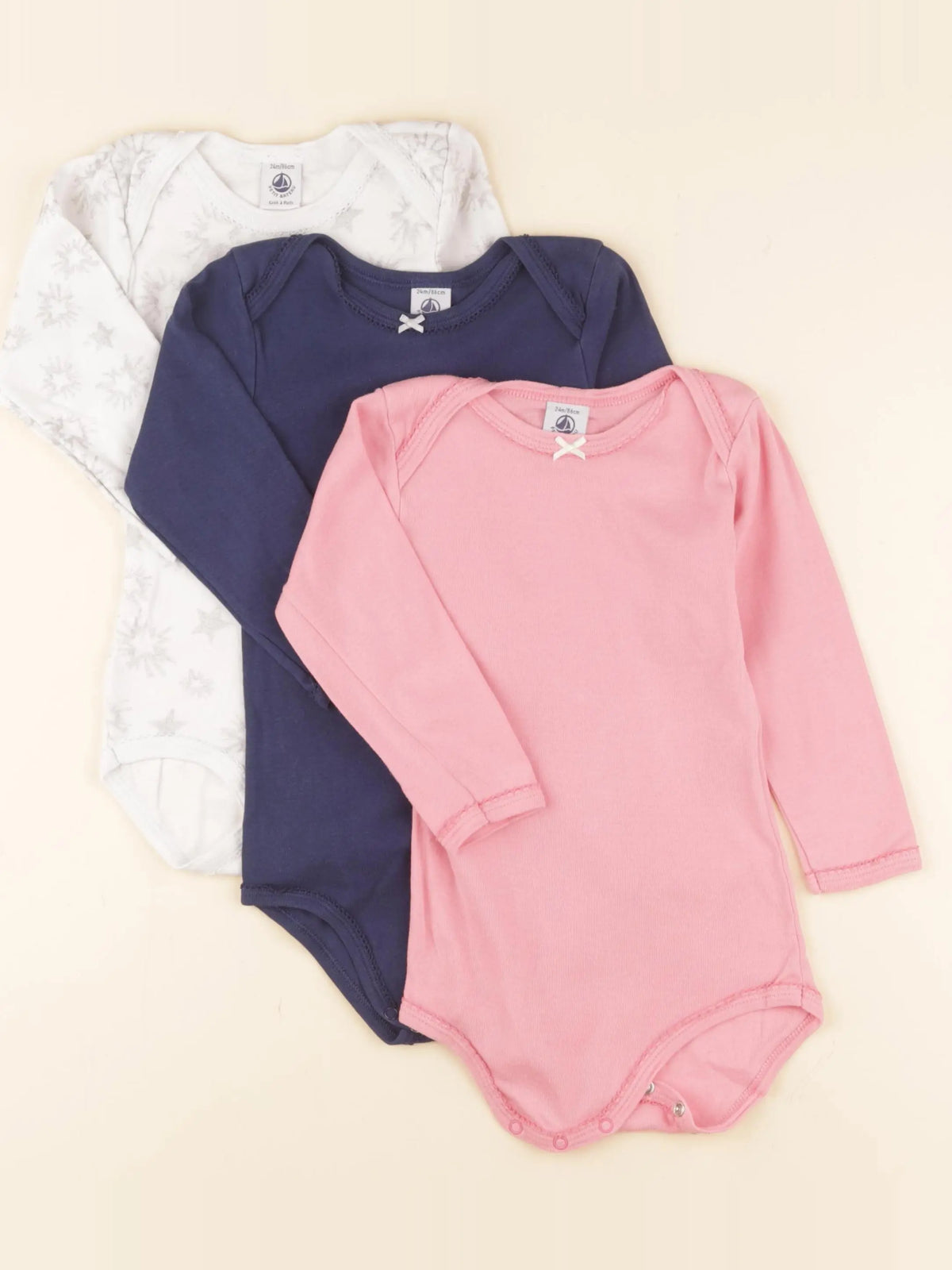 Petit Bateau - lot de 3 bodies en coton blanc, bleu, rose - 24 mois