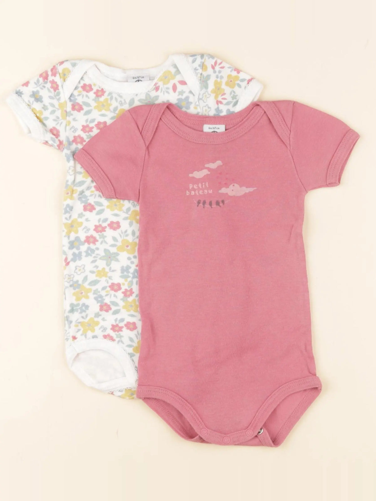 Petit Bateau - lot de 2 bodies en coton rose, vert - 6 mois