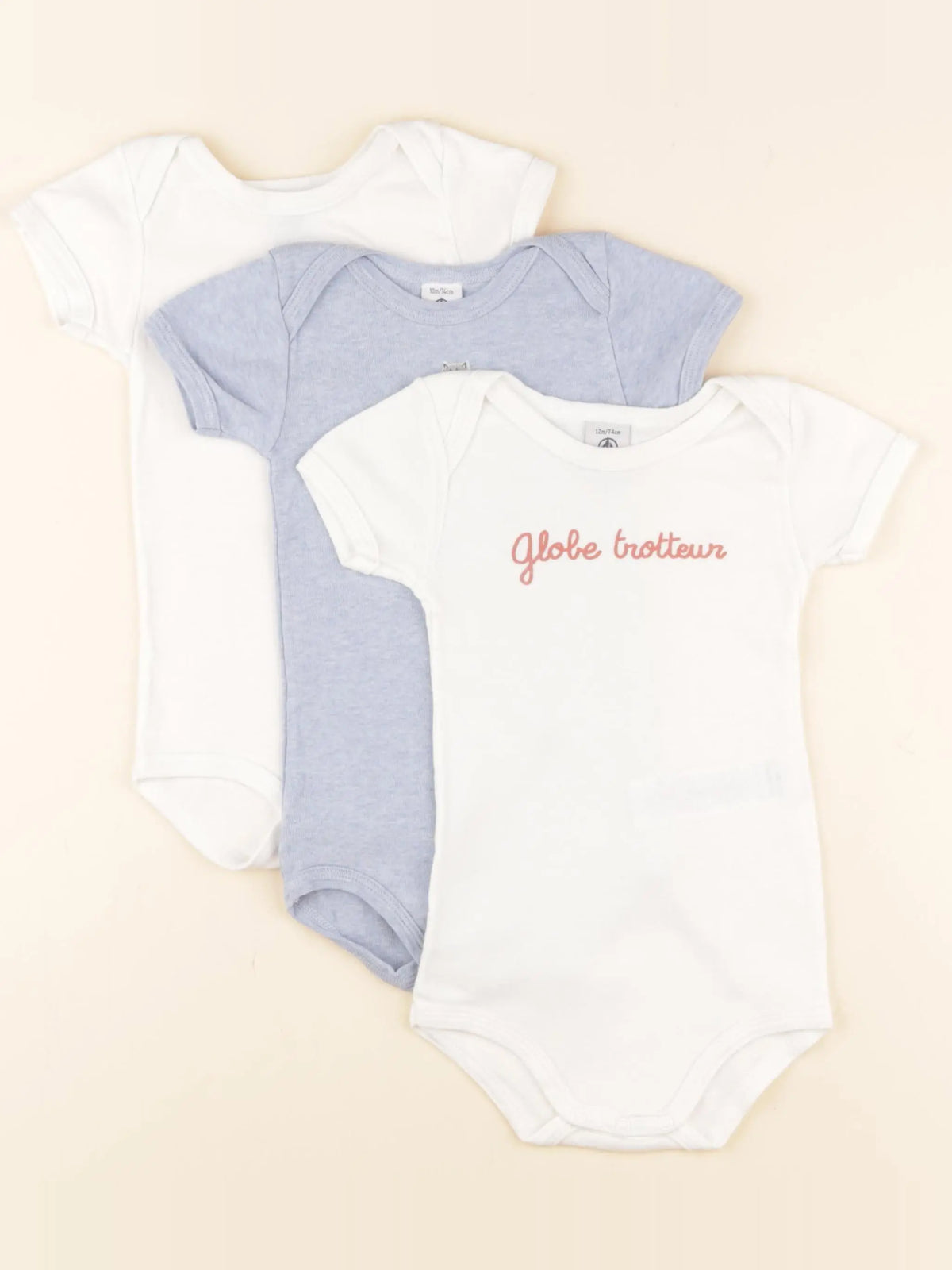 Petit Bateau - lot de 3 bodies en coton blanc, bleu - 12 mois
