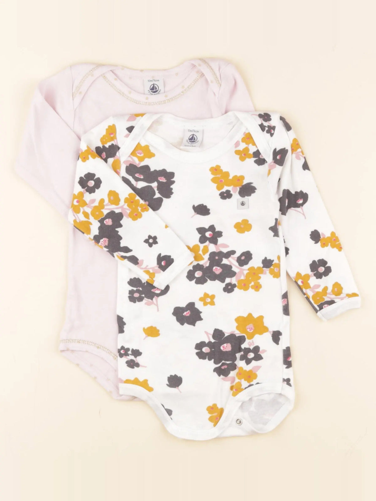 Petit Bateau - lot de 2 bodies en coton rose, blanc, jaune - 12 mois