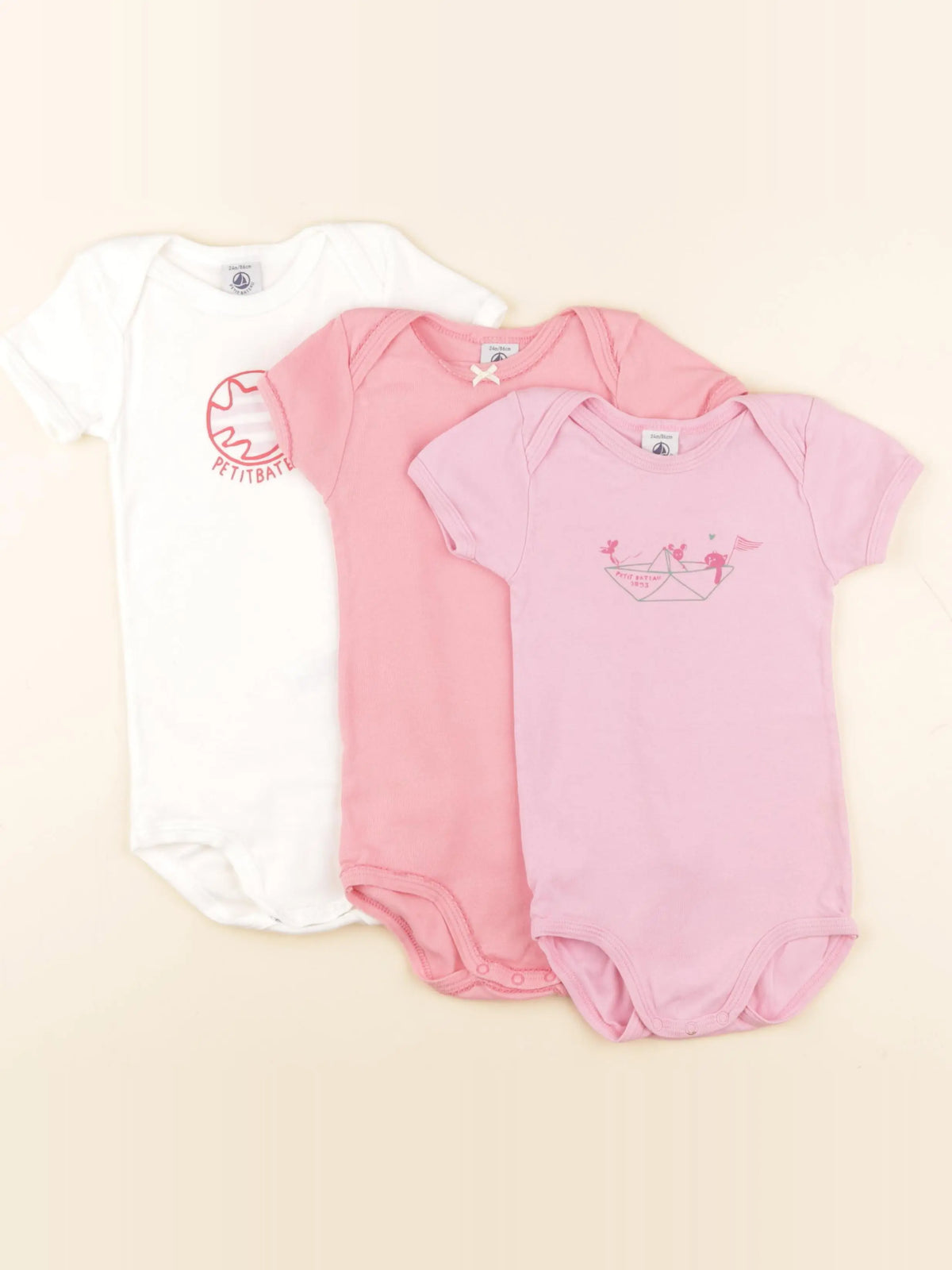Petit Bateau - lot de 3 bodies en coton blanc, rose - 24 mois