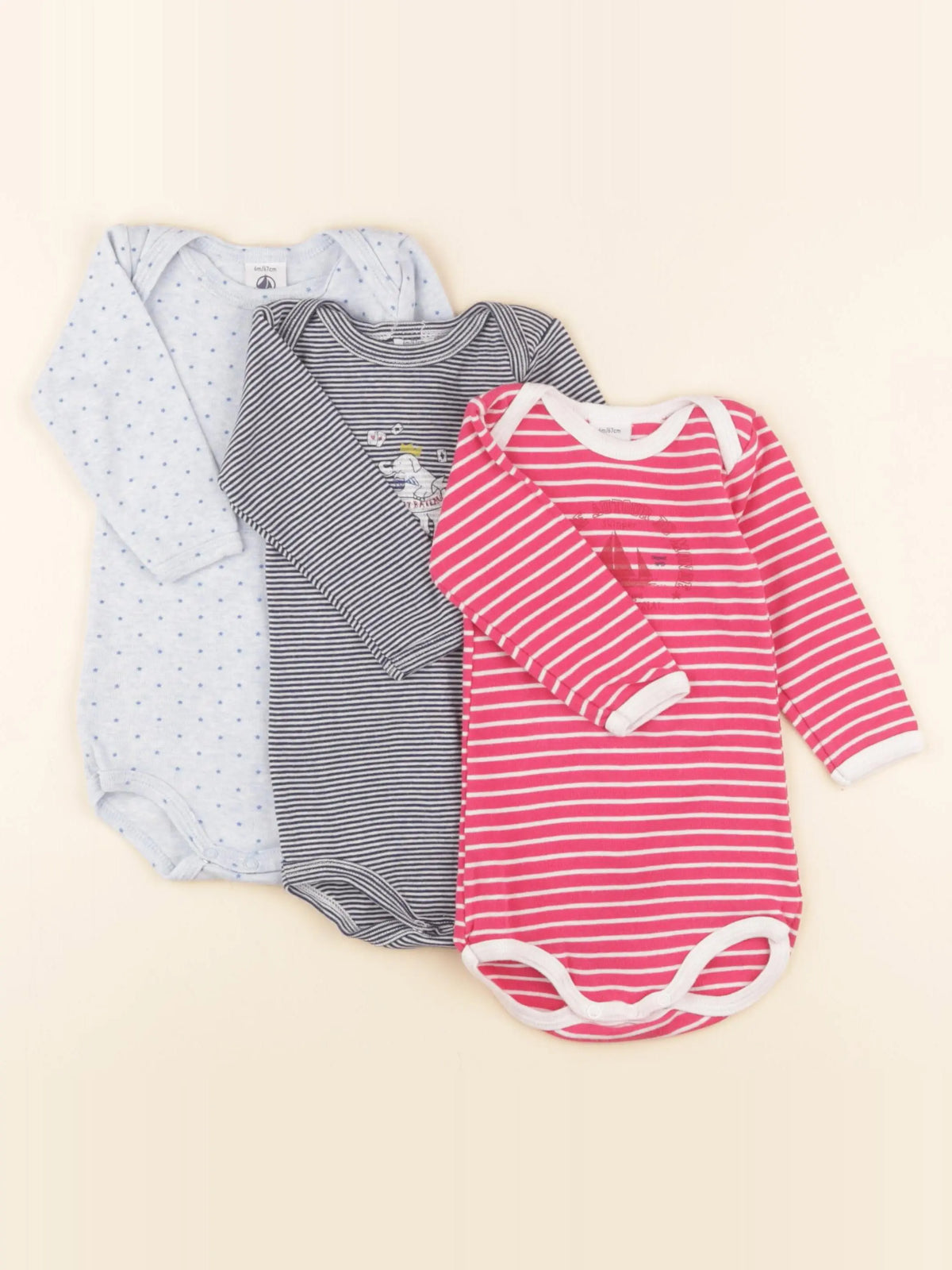 Petit Bateau - lot de 3 bodies en coton bleu, rose - 6 mois