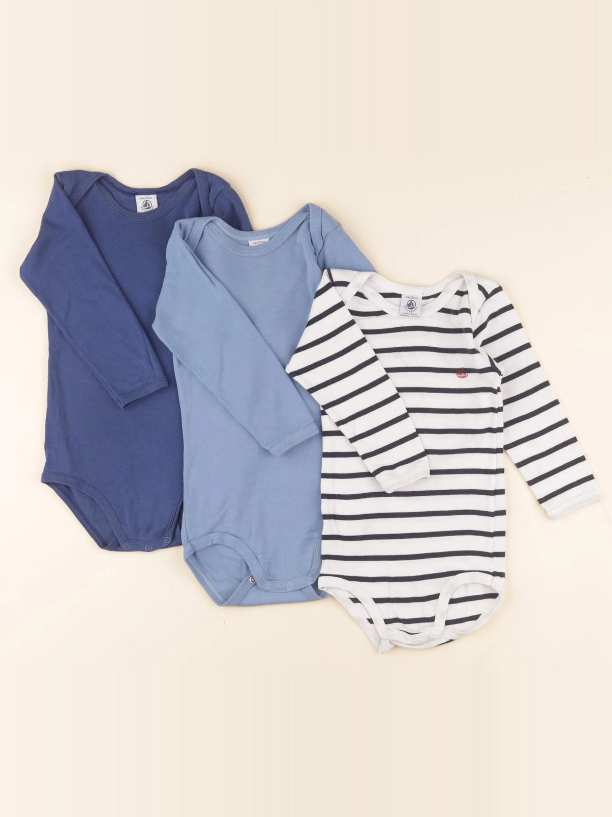 Petit Bateau - lot de 3 bodies en coton bleu, blanc - 24 mois