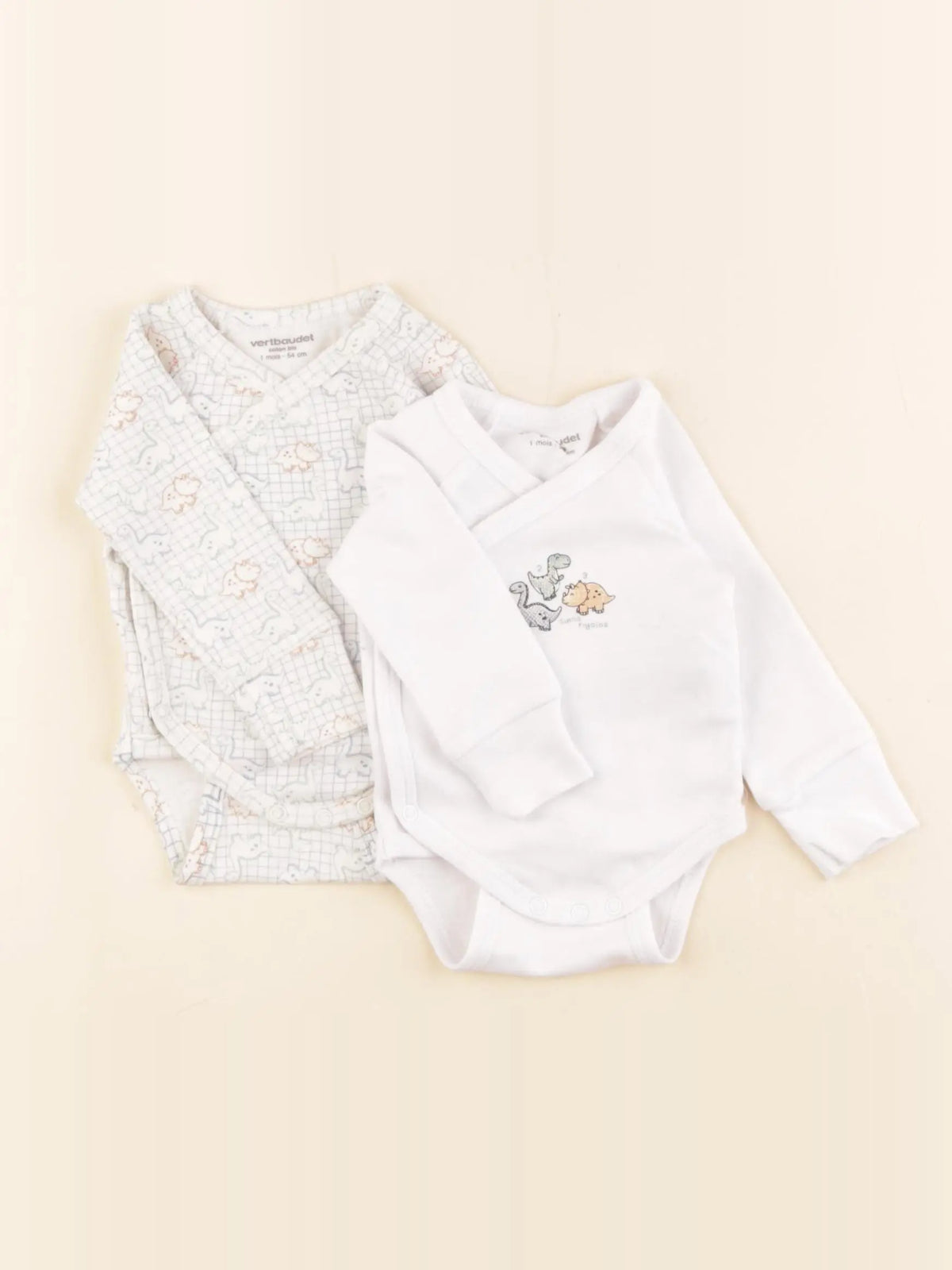 Vertbaudet - lot de 2 bodies en coton beige, blanc - 1 mois