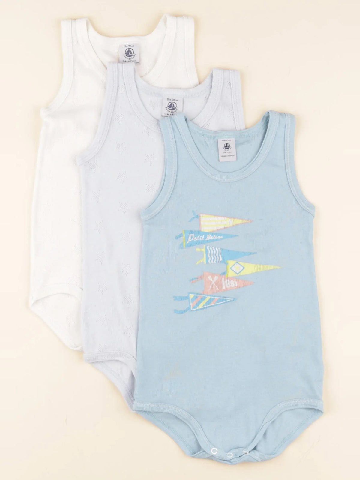 Petit Bateau - lot de 3 bodies en coton bleu, blanc - 18 mois