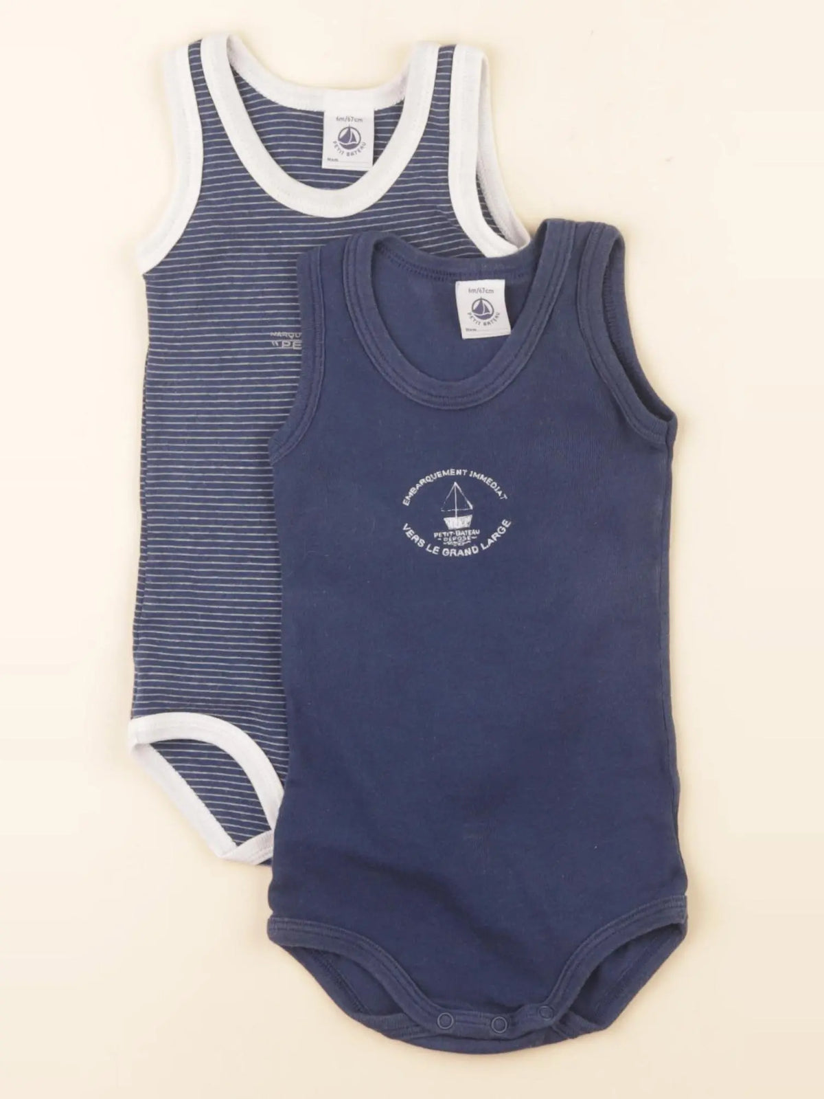 Petit Bateau - lot de 2 bodies en coton blanc, bleu - 6 mois