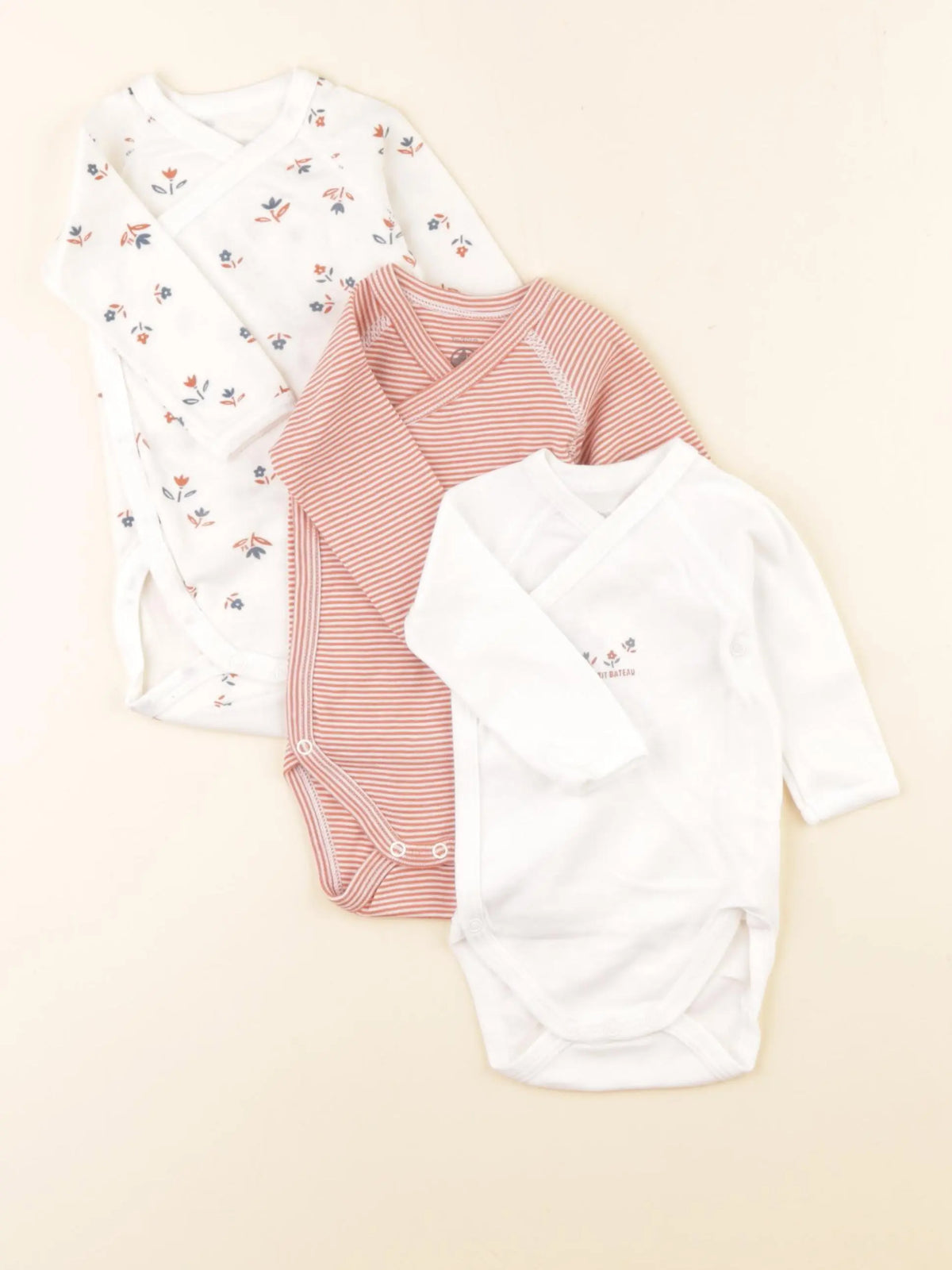Petit Bateau - lot de 3 bodies en coton blanc, marron - 3 mois