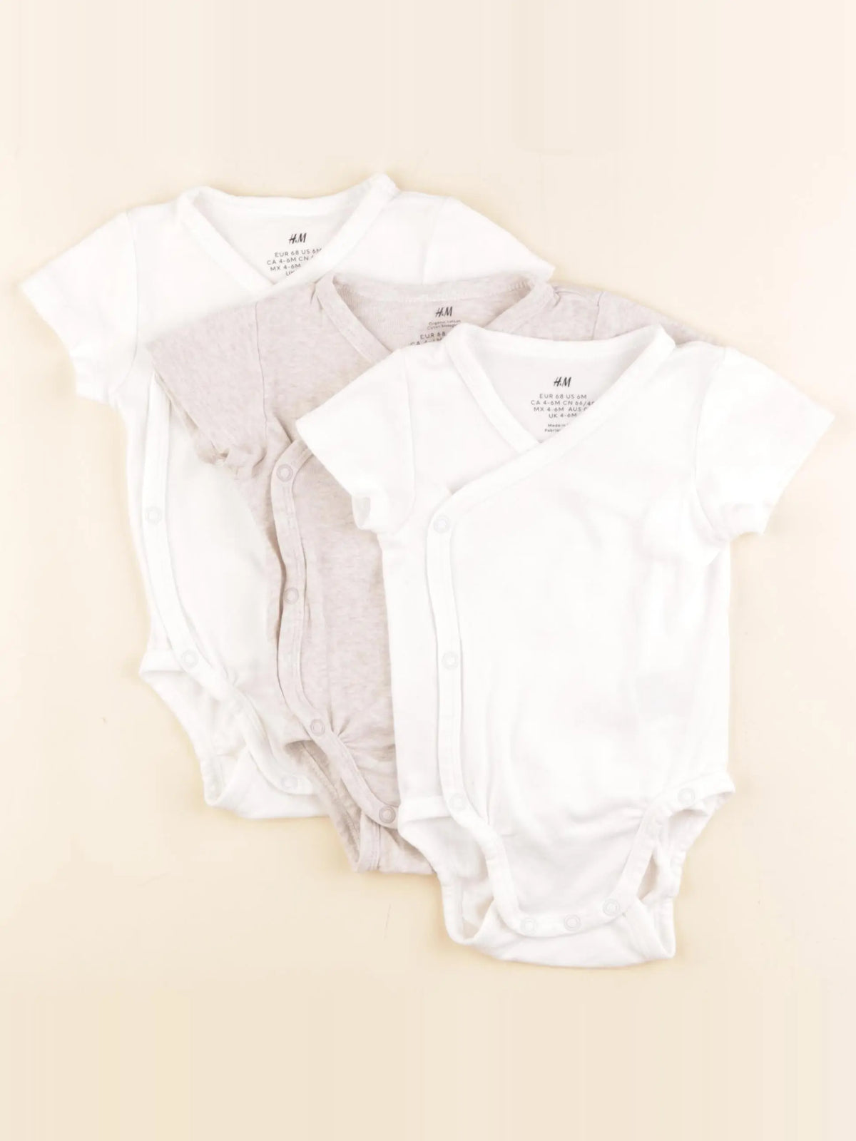 H&M - lot de 3 bodies en coton blanc, beige - 4/6 mois