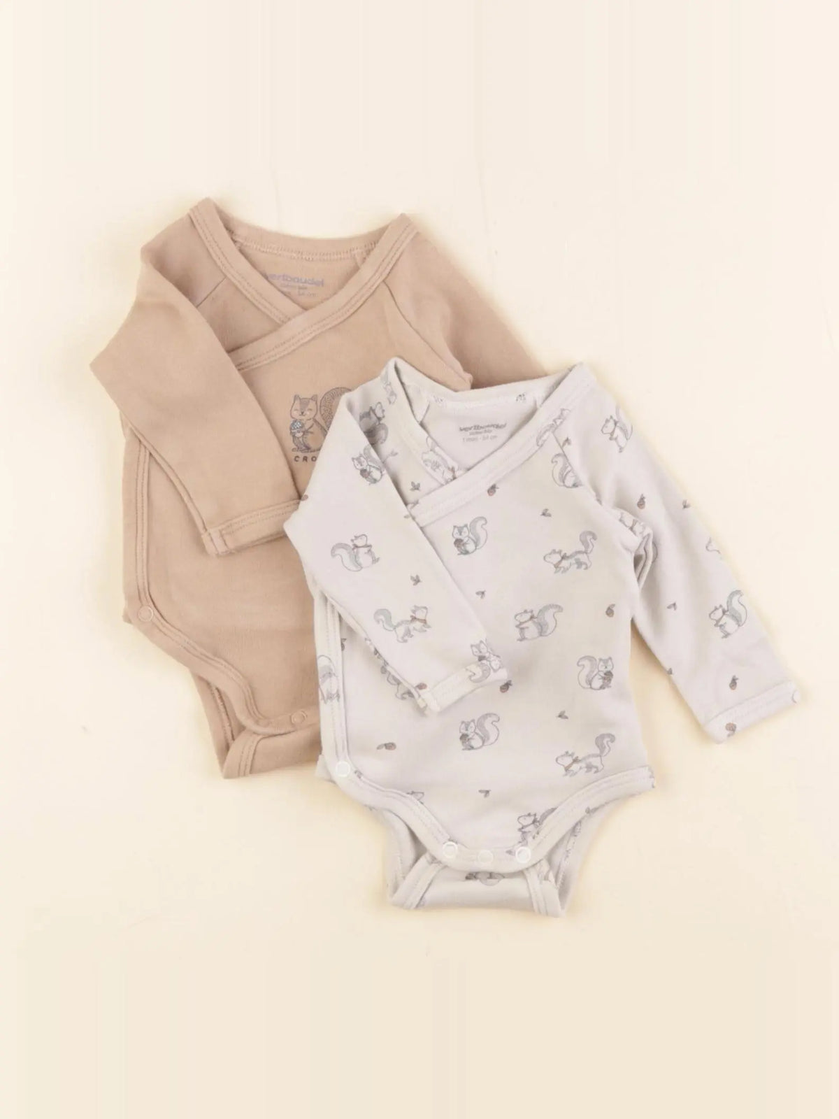 Vertbaudet - lot de 2 bodies en coton beige, marron - 1 mois