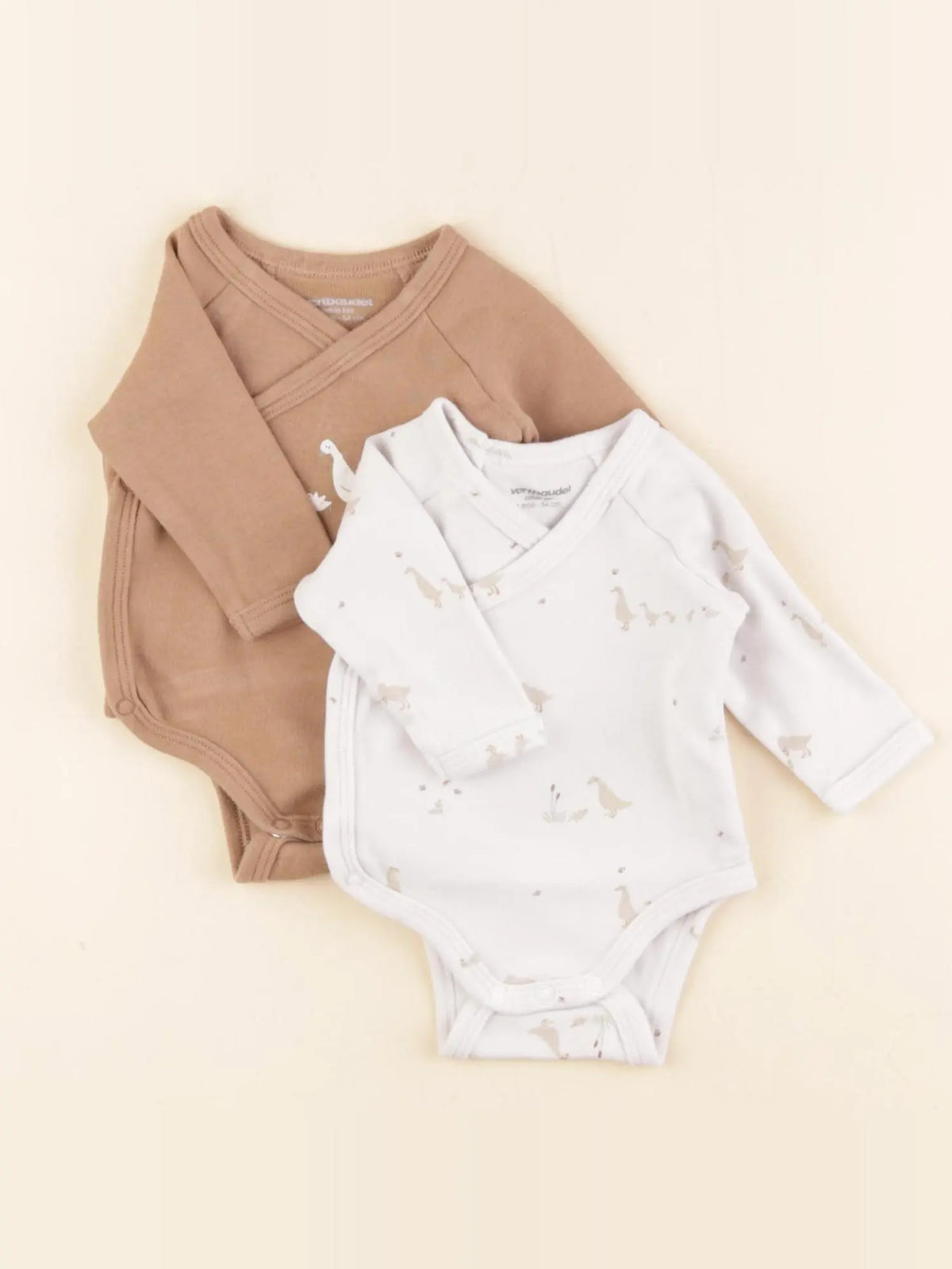 Vertbaudet - lot de 2 bodies en coton marron, blanc - 1 mois