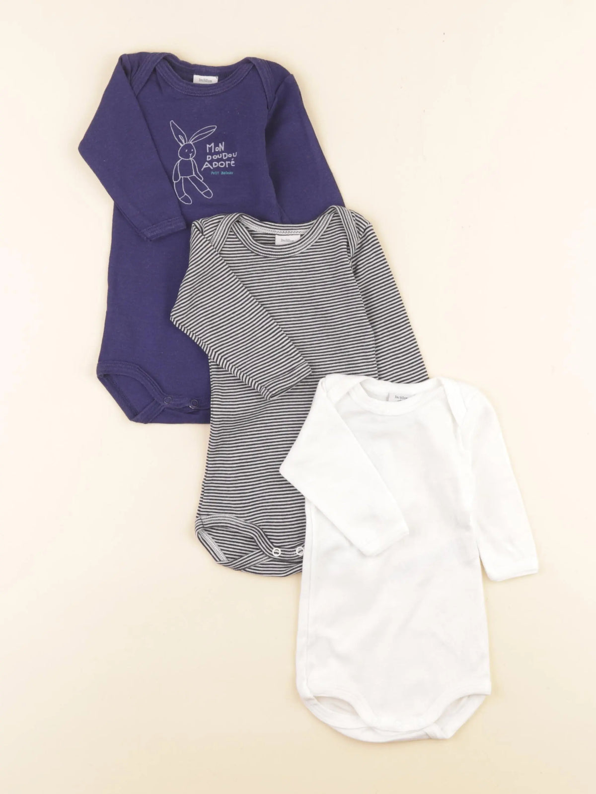 Petit Bateau - lot de 3 bodies en coton blanc, bleu - 3 mois