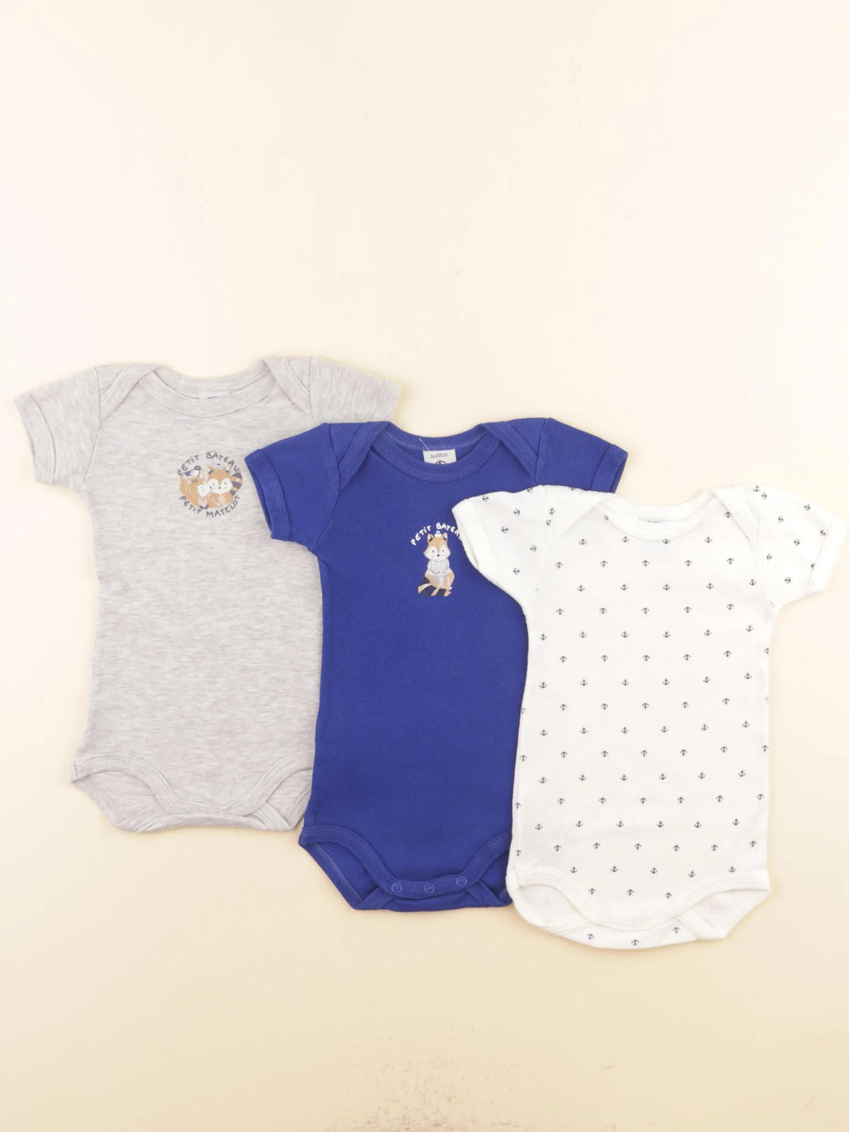 Petit Bateau - lot de 3 bodies en coton bleu, gris - 3 mois