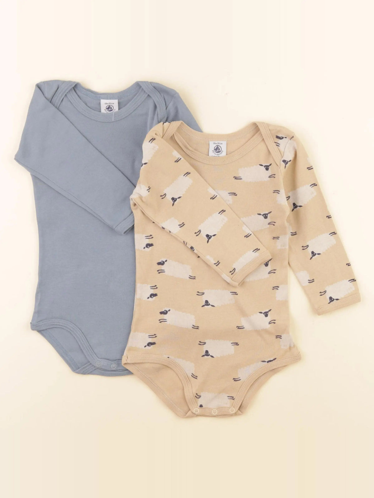 Petit Bateau - lot de 2 bodies en coton bleu, beige - 18 mois
