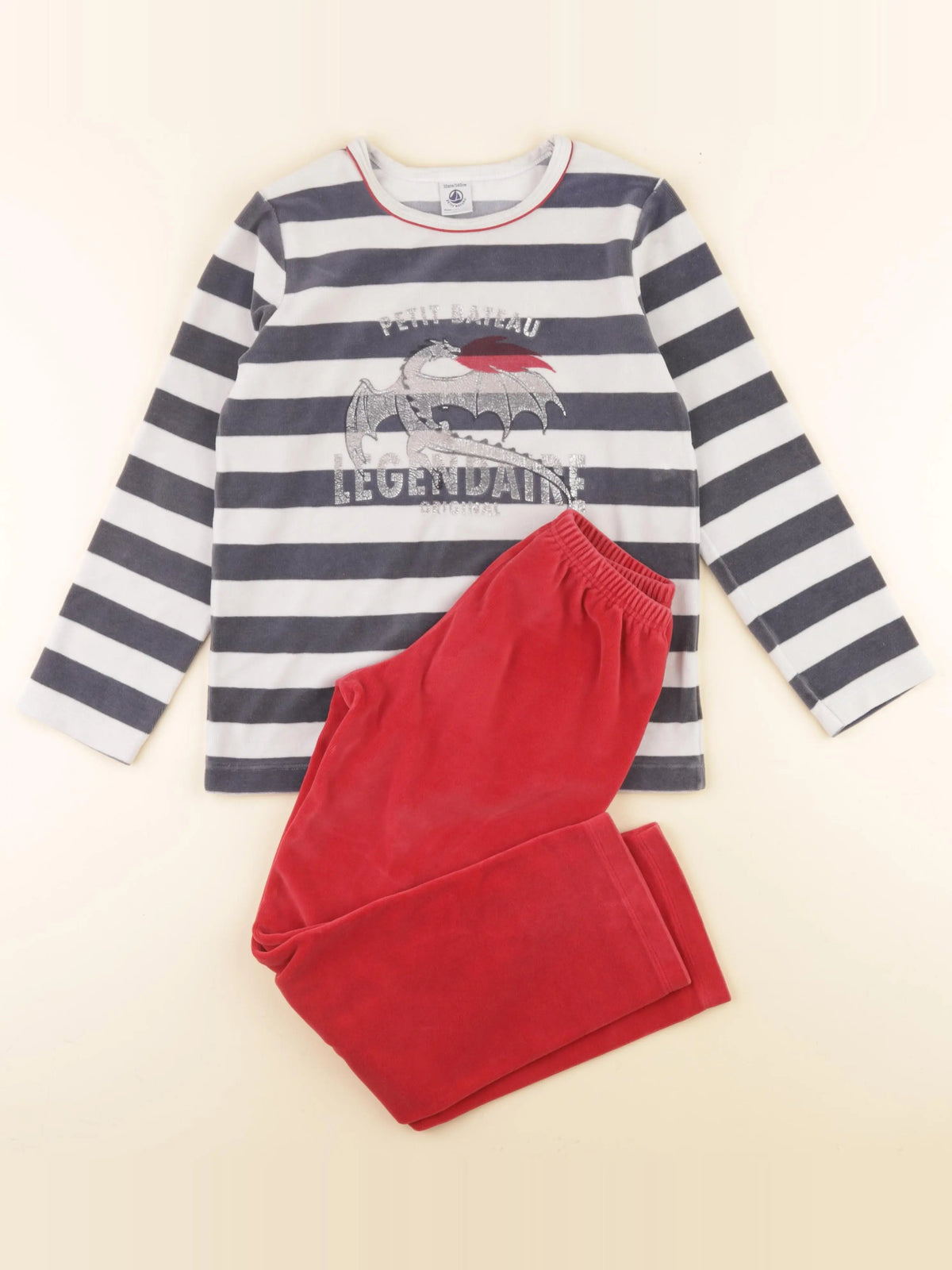 Petit Bateau - pyjama velours gris, rouge - 10 ans