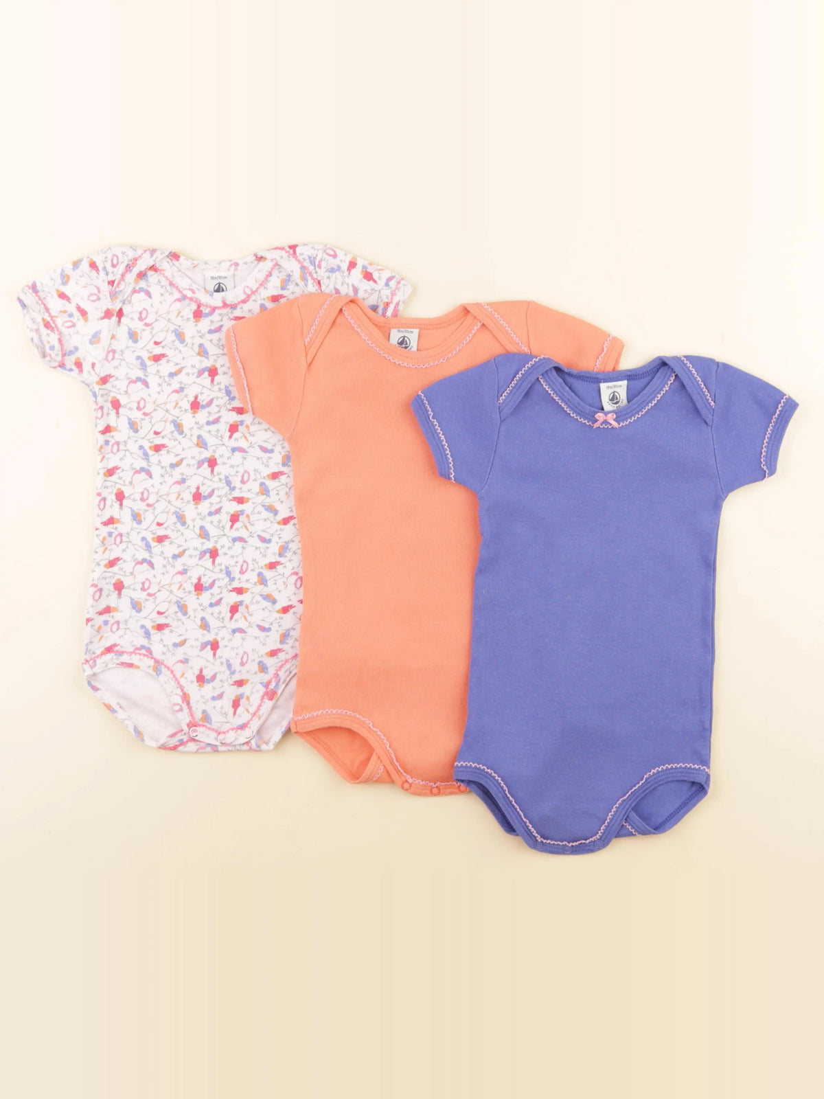Petit Bateau - lot de 3 bodies en coton bleu, orange - 18 mois
