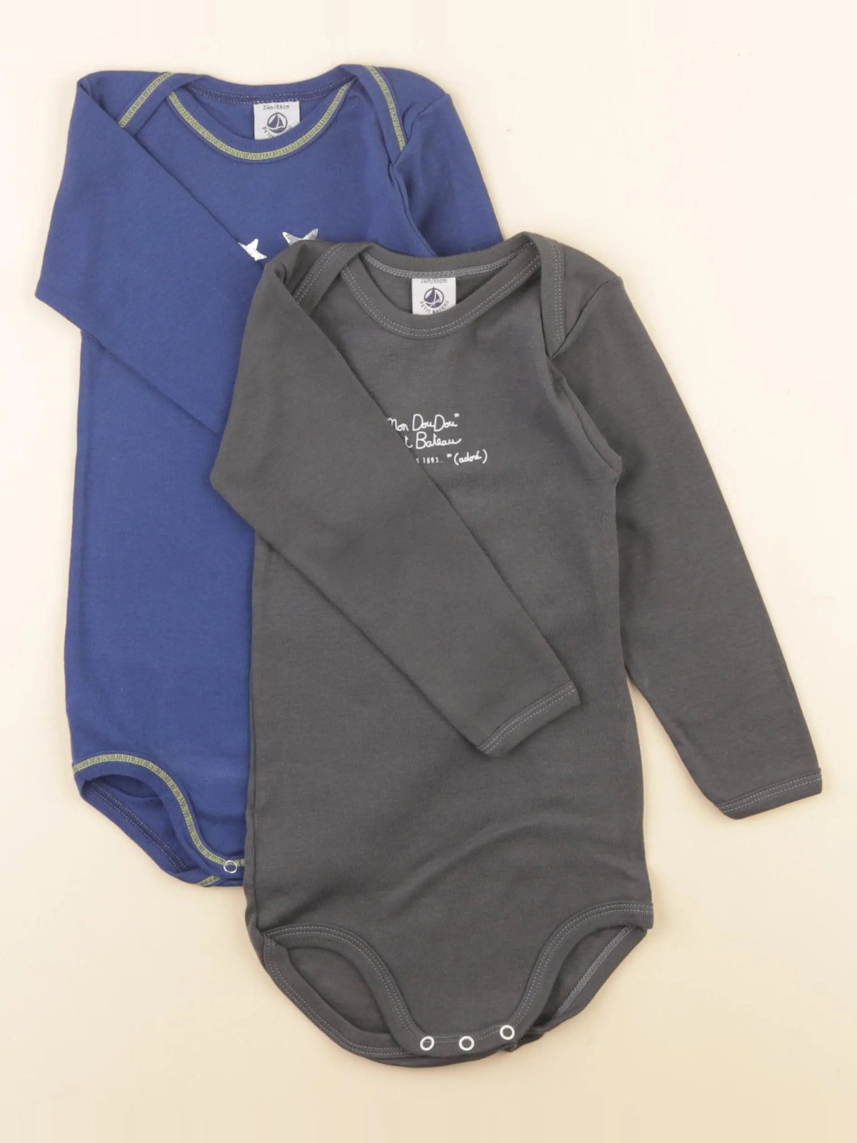Petit Bateau - lot de 2 bodies en coton bleu, gris - 24 mois