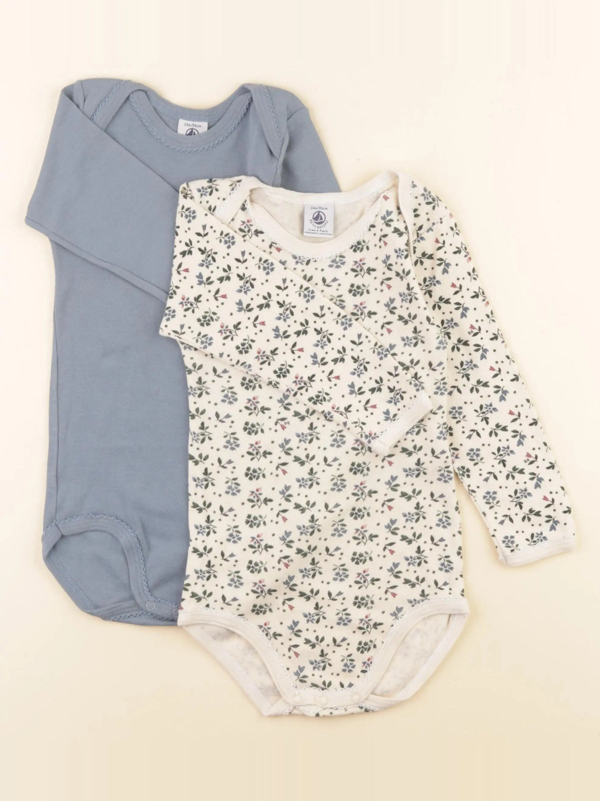 Petit Bateau - lot de 2 bodies en coton bleu, beige - 24 mois
