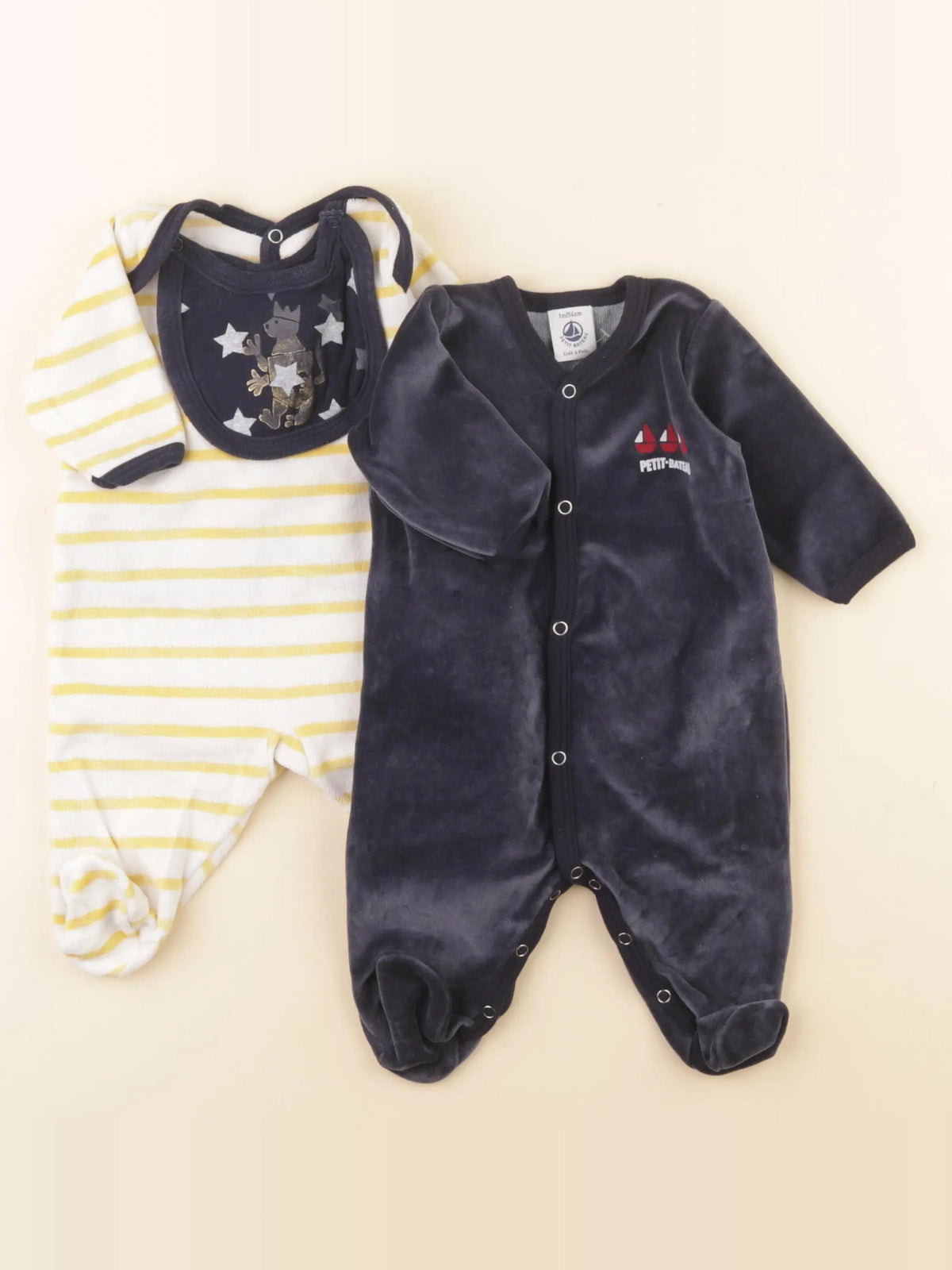Petit Bateau - lot de 2 pyjamas velours bleu, jaune - 1 mois