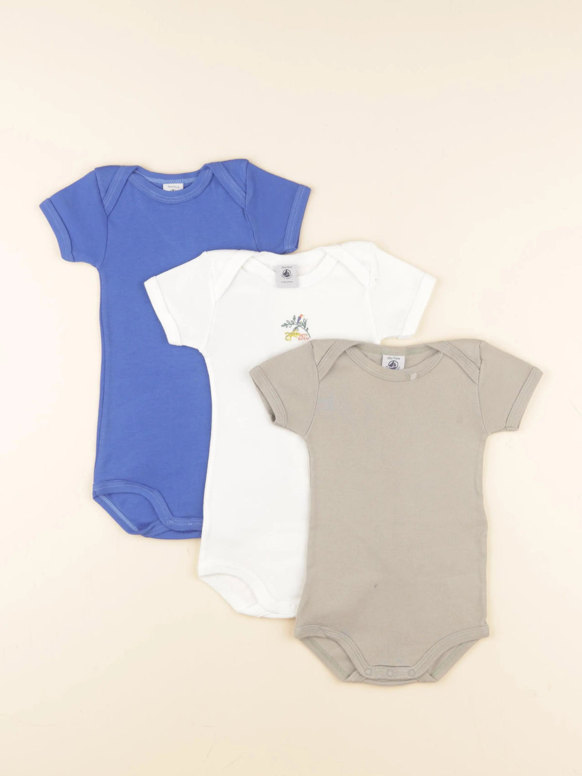 Petit Bateau - lot de 3 bodies en coton blanc, marron, bleu - 12 mois