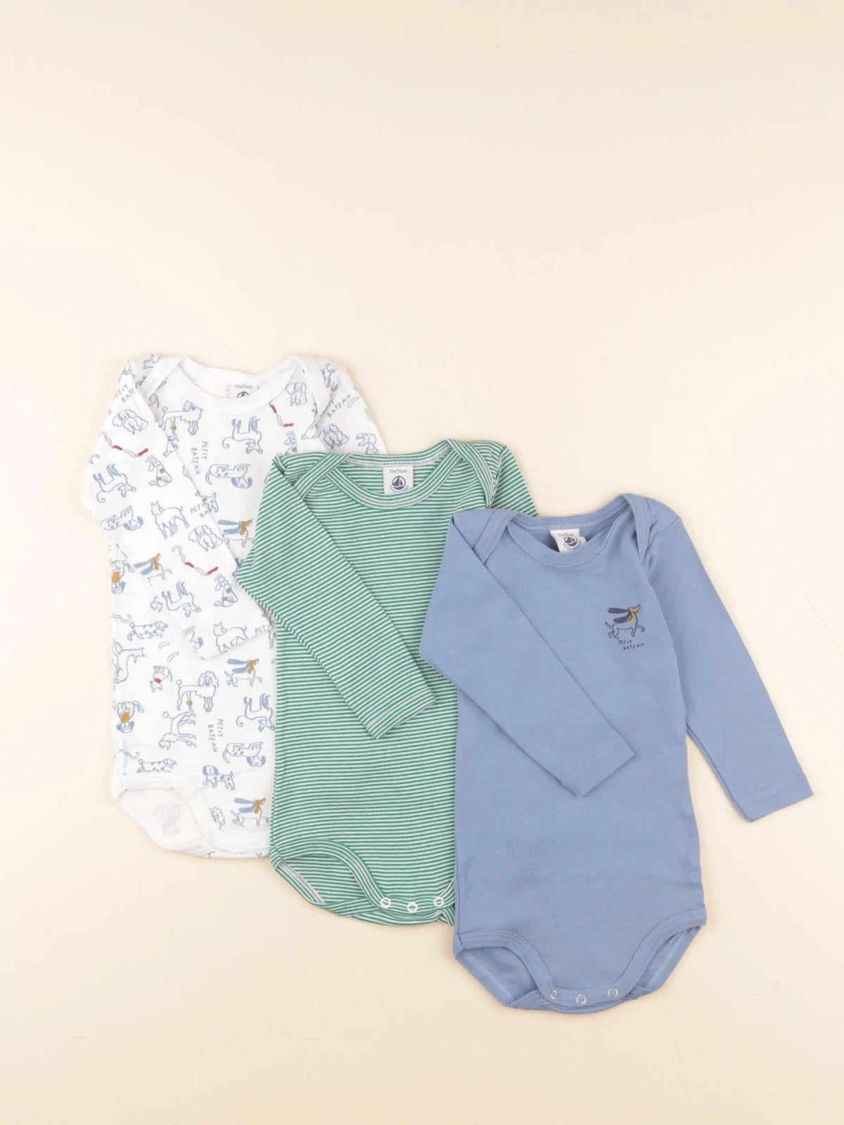 Petit Bateau - lot de 3 bodies en coton blanc, bleu, vert - 12 mois