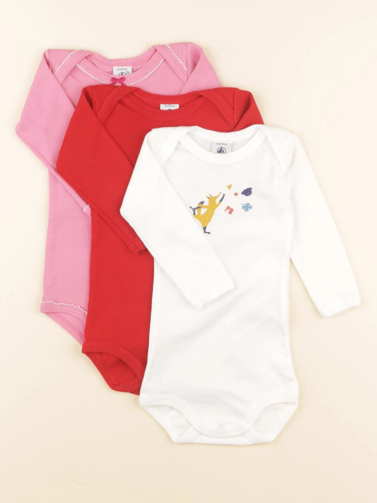 Petit Bateau - lot de 3 bodies en coton blanc, rose - 6 mois
