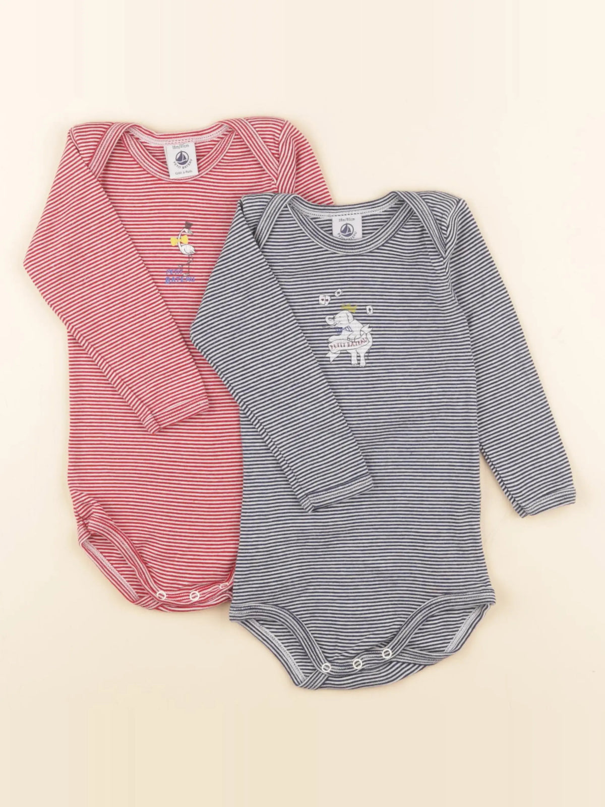 Petit Bateau - lot de 2 bodies en coton bleu, rouge - 18 mois
