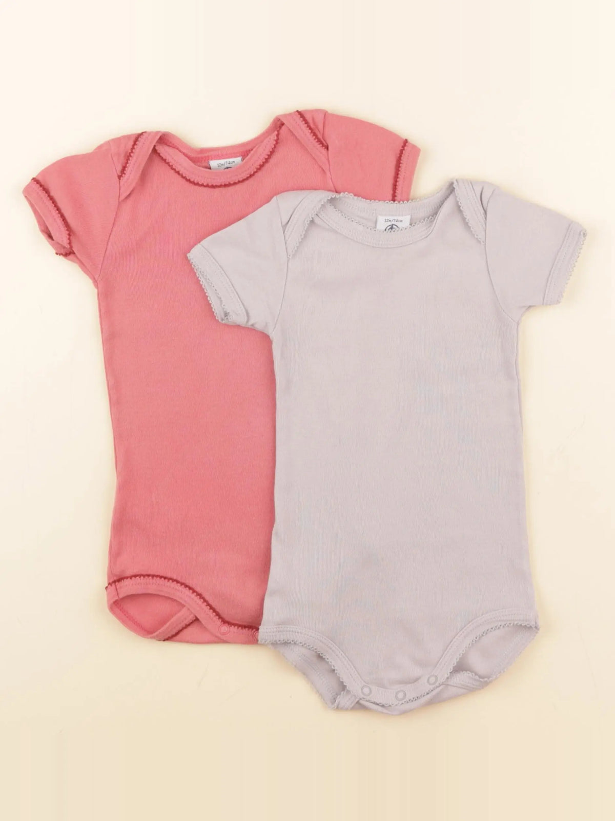 Petit Bateau - lot de 2 bodies en coton gris, rose - 12 mois