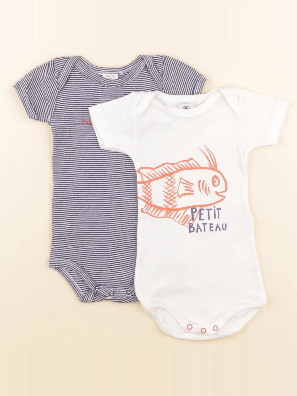 Petit Bateau - lot de 2 bodies en coton blanc, bleu - 6 mois