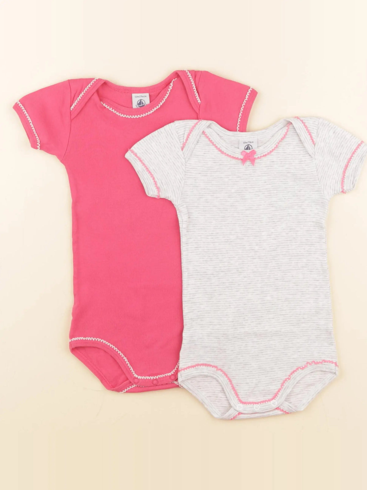 Petit Bateau - lot de 2 bodies en coton gris, rose - 12 mois