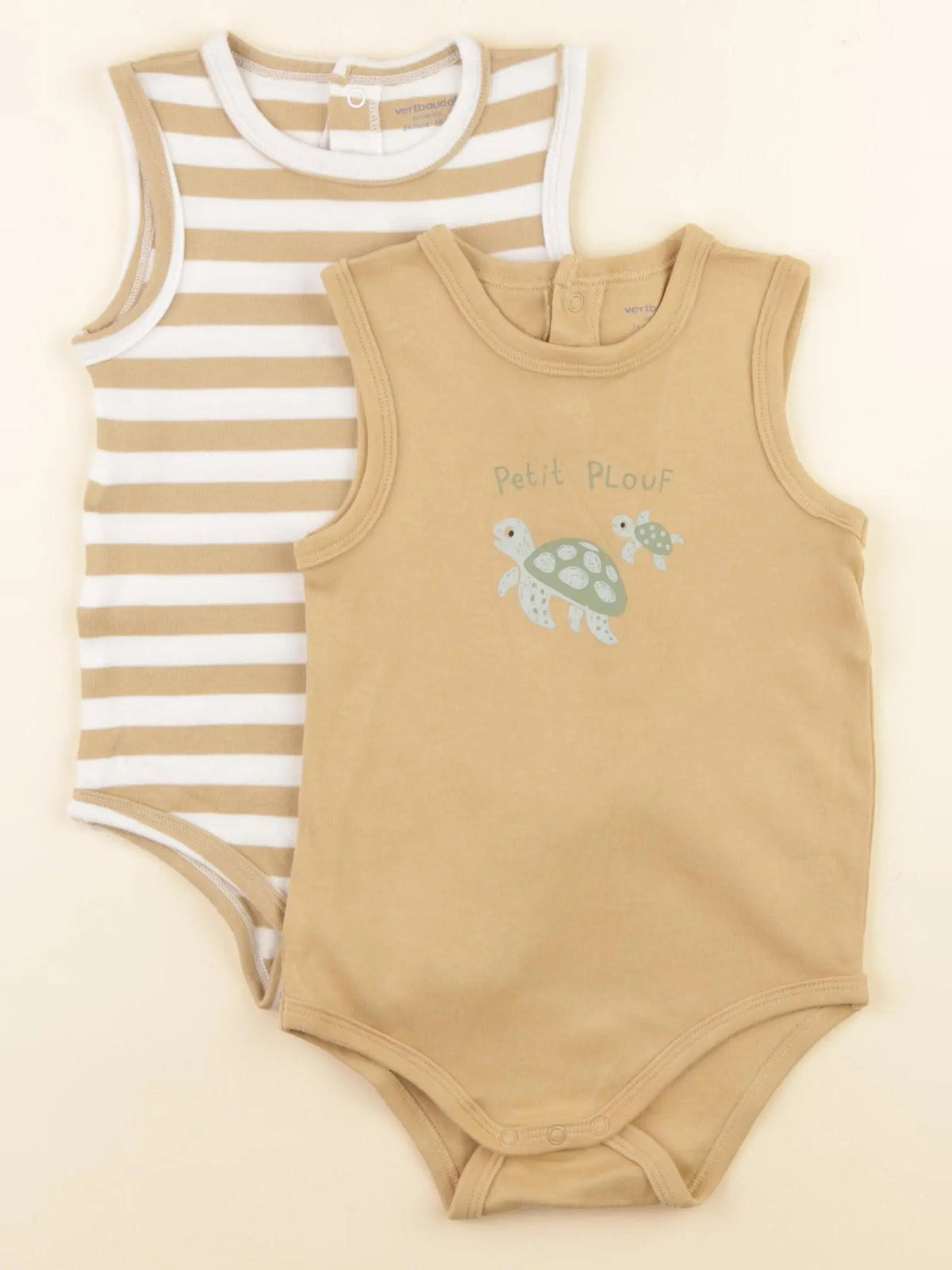 Vertbaudet - lot de 2 bodies en coton beige, marron - 24 mois