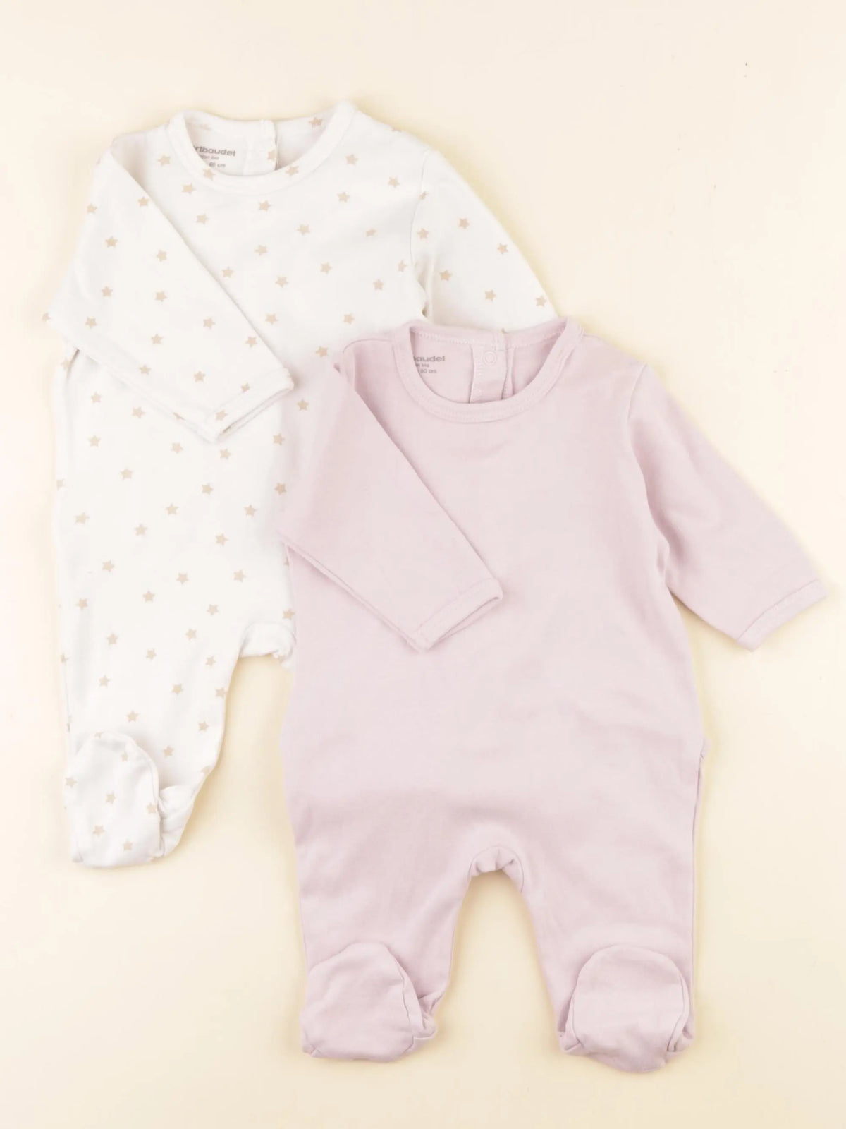 Vertbaudet - lot de 2 pyjamas coton violet, beige - 3 mois