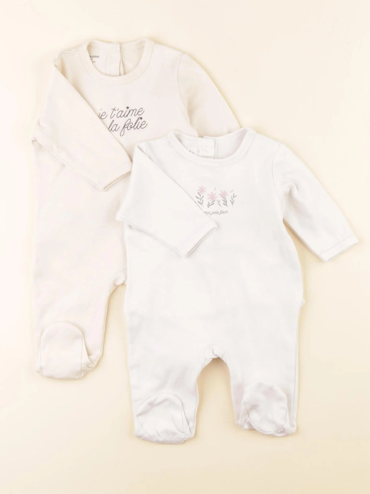 Vertbaudet - lot de 2 pyjamas coton blanc, beige - 3 mois