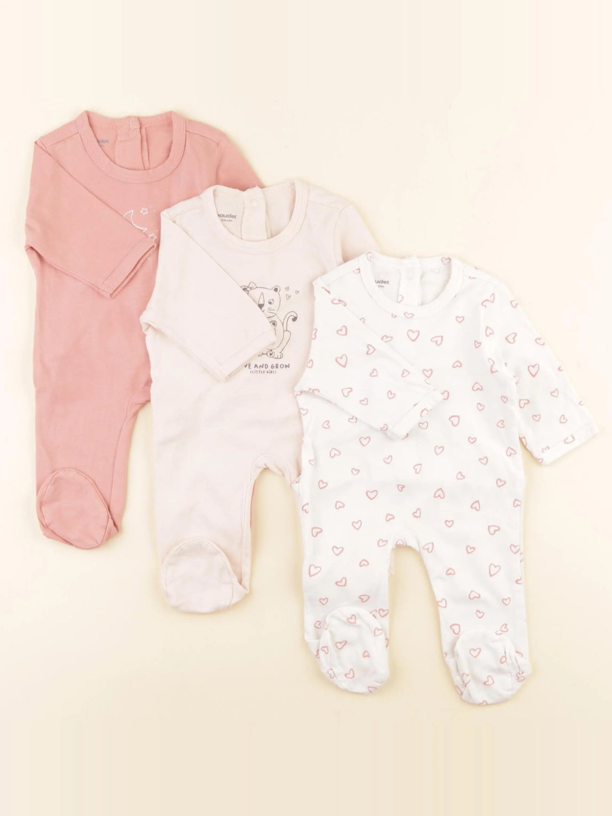 Vertbaudet - lot de 3 pyjamas coton blanc, rose - 1 mois