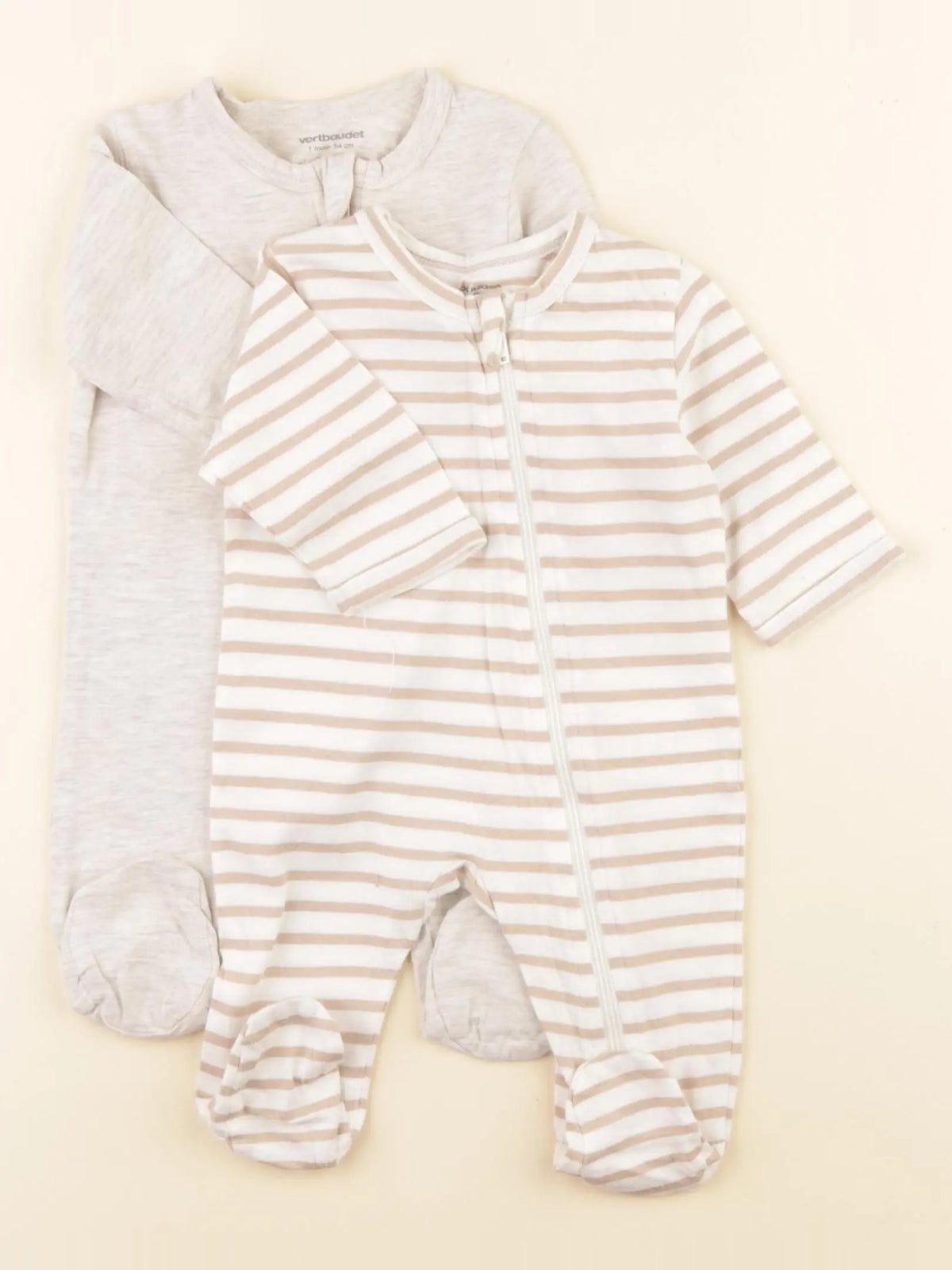 Vertbaudet - lot de 2 pyjamas coton beige, gris - 1 mois