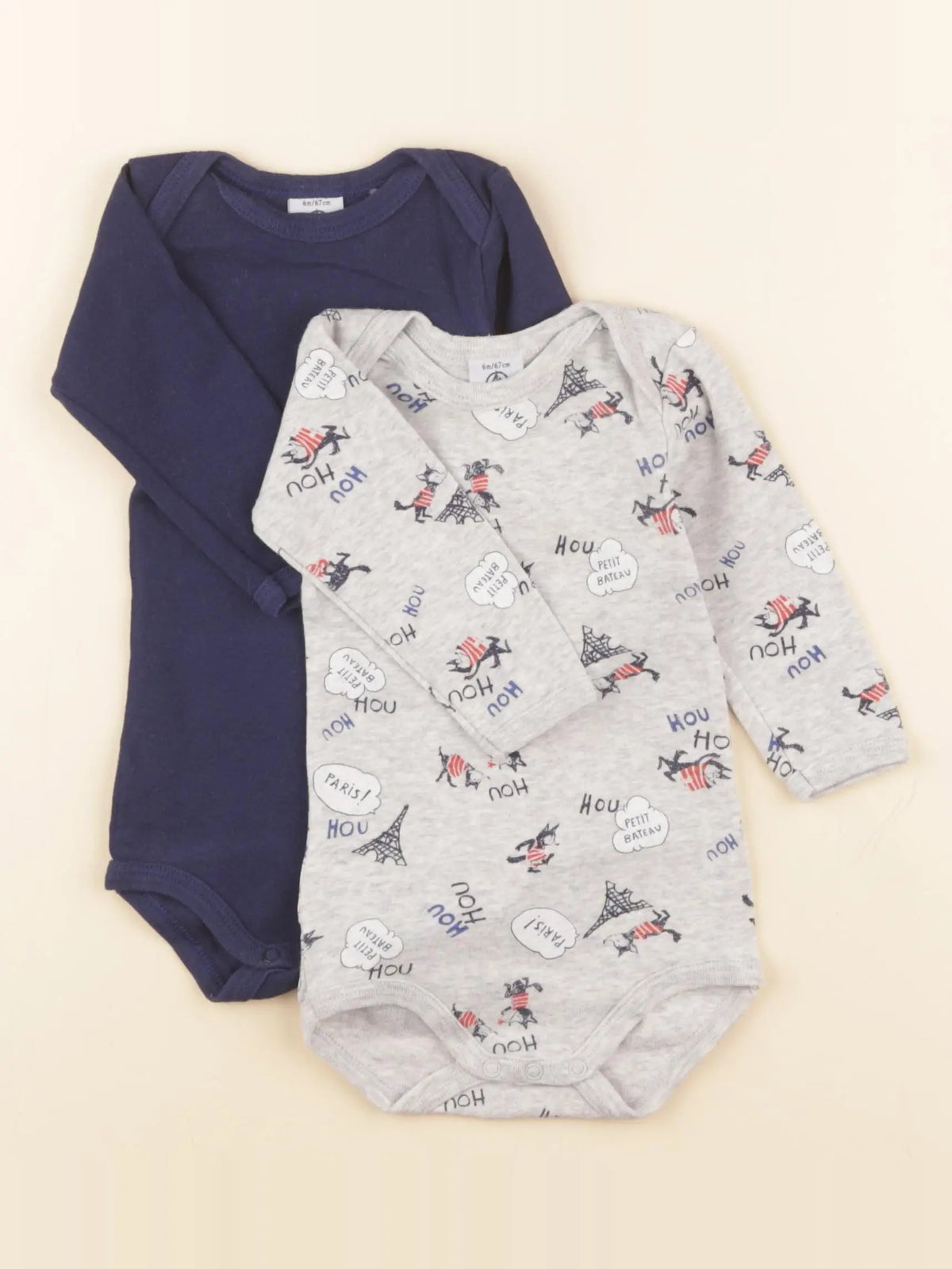 Petit Bateau - lot de 2 bodies en coton bleu, gris - 6 mois
