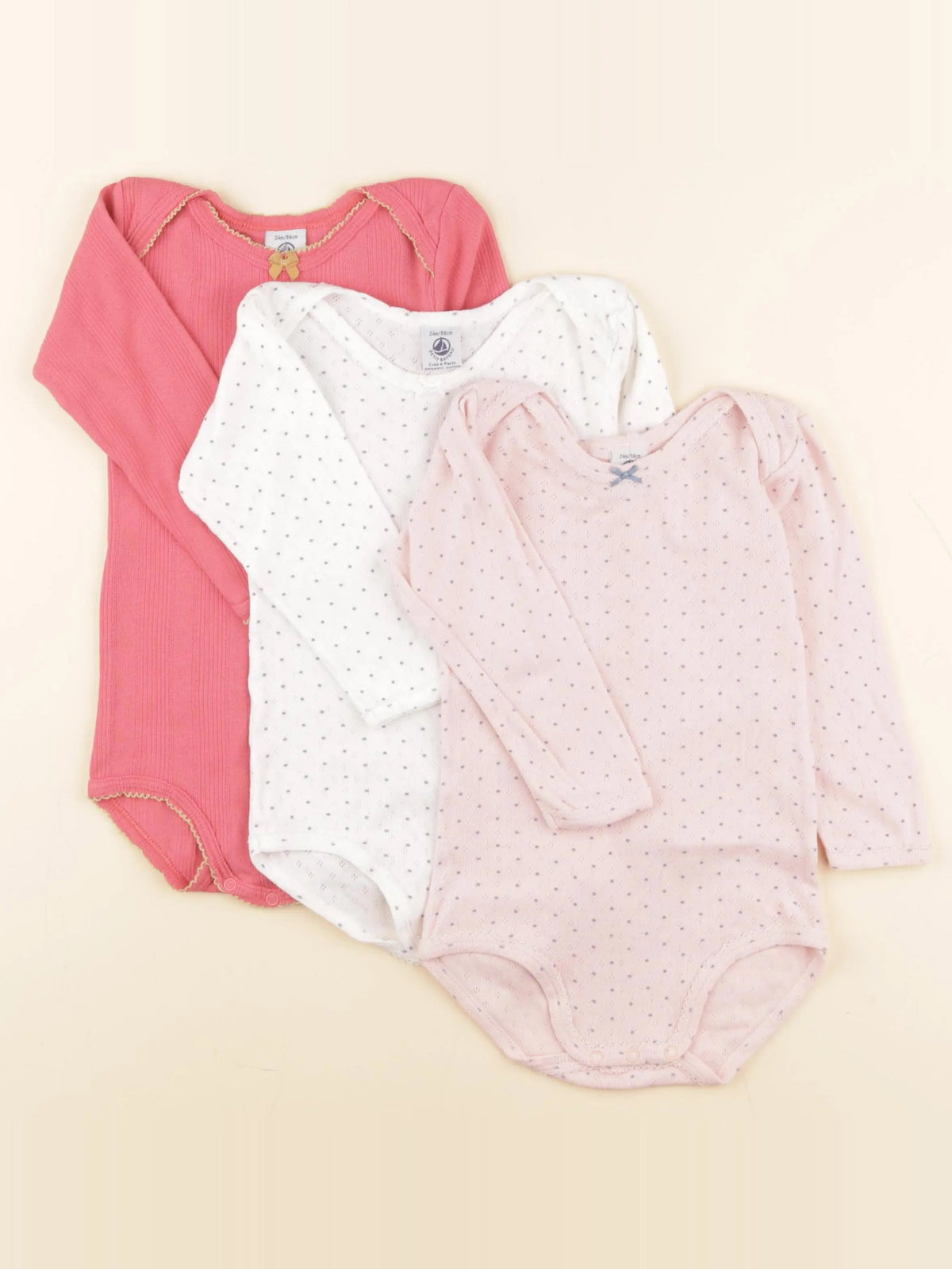 Petit Bateau - lot de 3 bodies en coton rose, blanc - 24 mois