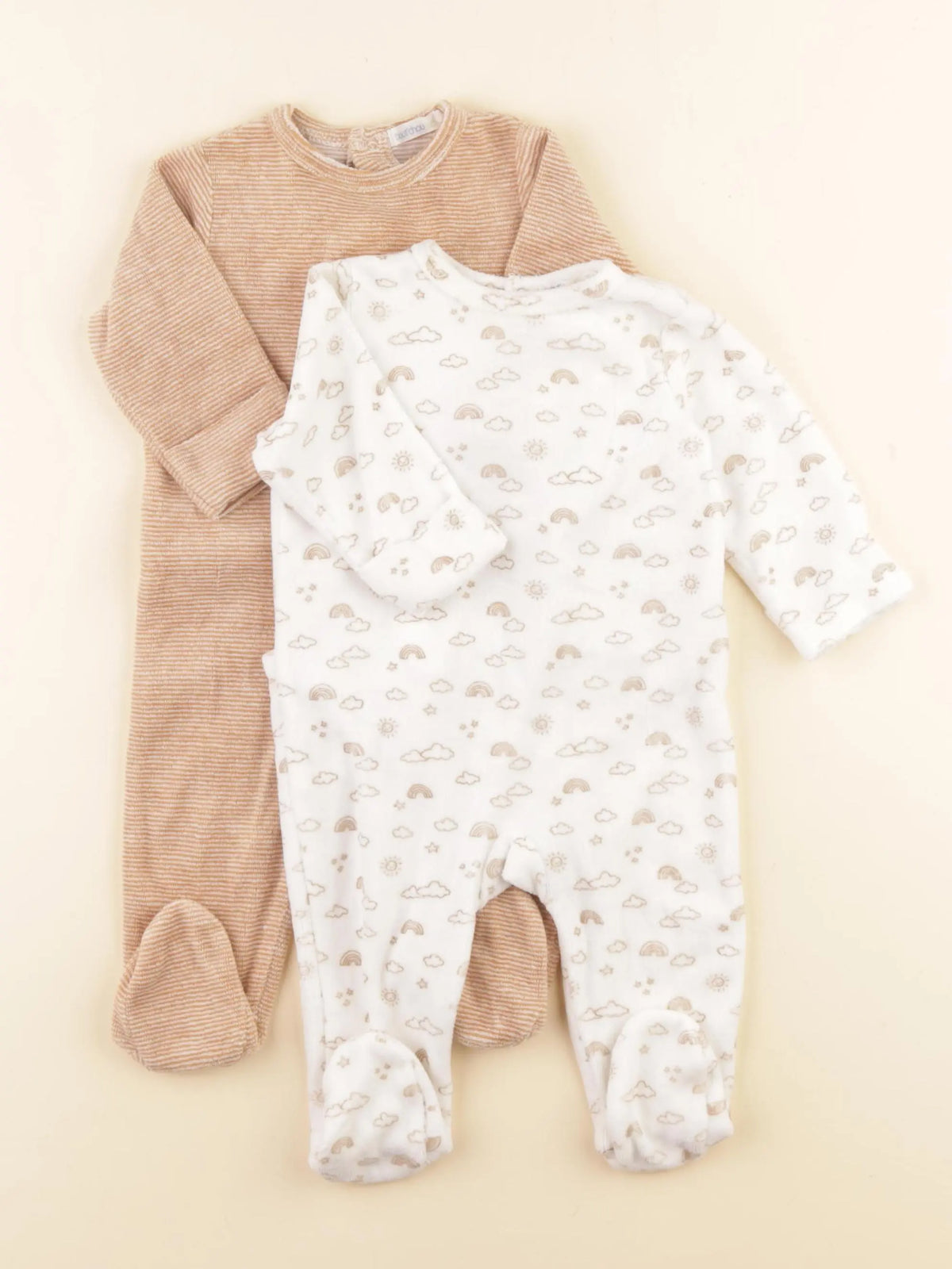 Boutchou - lot de 2 pyjamas velours beige, marron - 3 mois