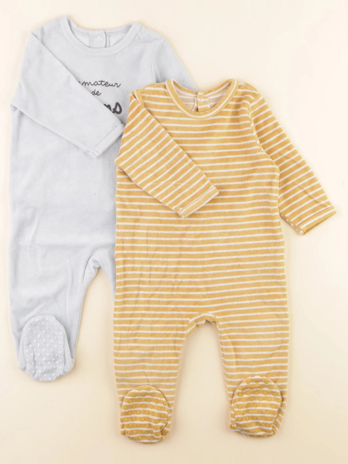 Vertbaudet - lot de 2 pyjamas velours bleu, jaune - 9 mois