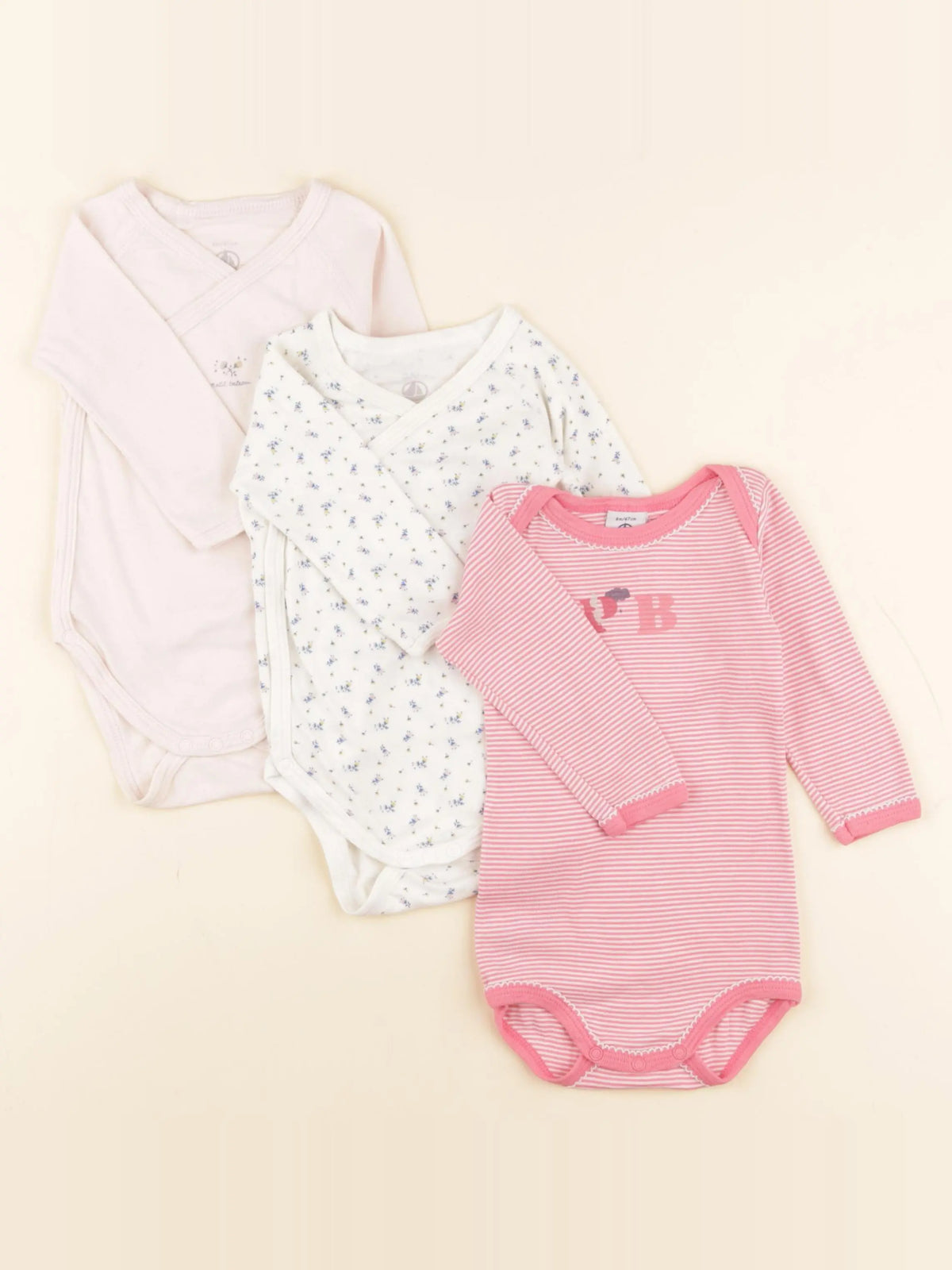 Petit Bateau - lot de 3 bodies en coton rose, blanc - 6 mois