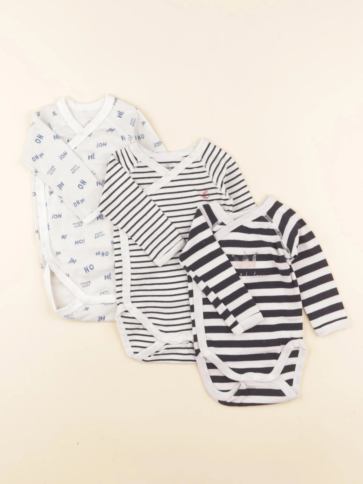 Petit Bateau - lot de 3 bodies en coton bleu, blanc - 3 mois