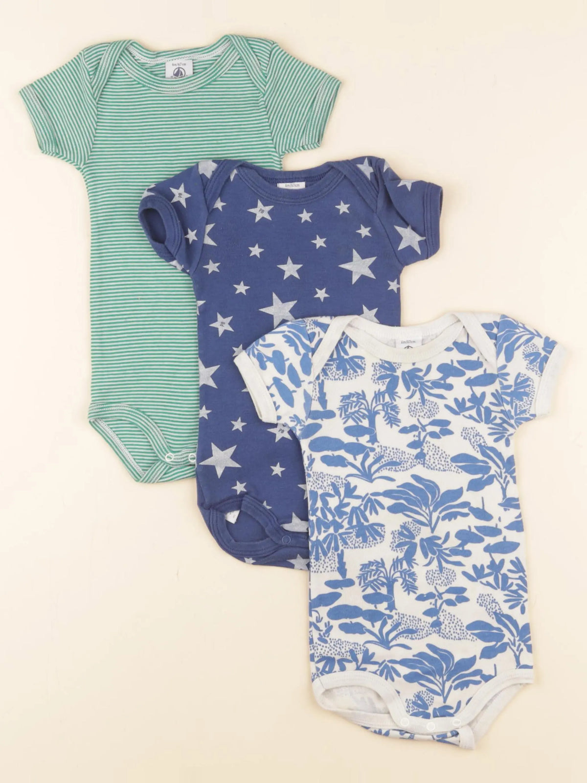 Petit Bateau - lot de 3 bodies en coton bleu, blanc - 6 mois