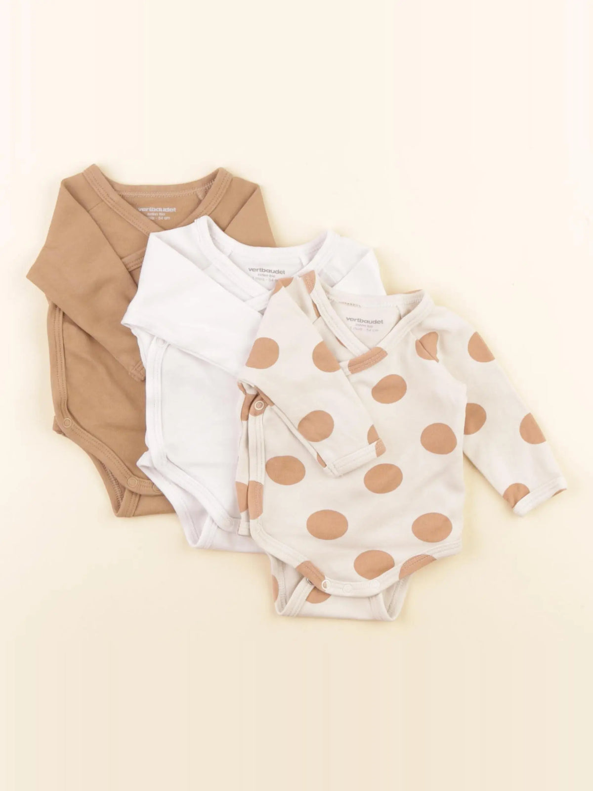 Vertbaudet - lot de 3 bodies en coton marron, blanc - 1 mois