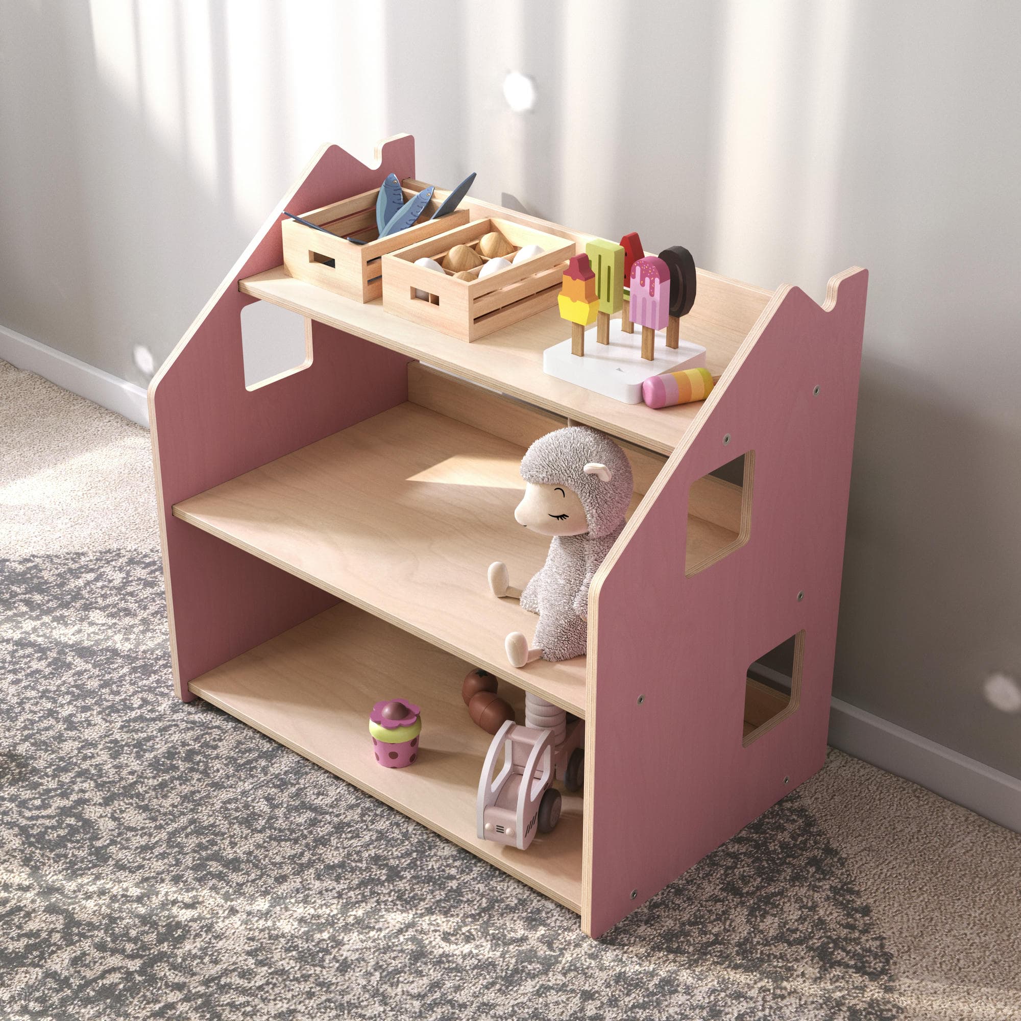 Ensemble - Bibliothèque enfant + Étagère à jouets - Couleur bleu clair / rose