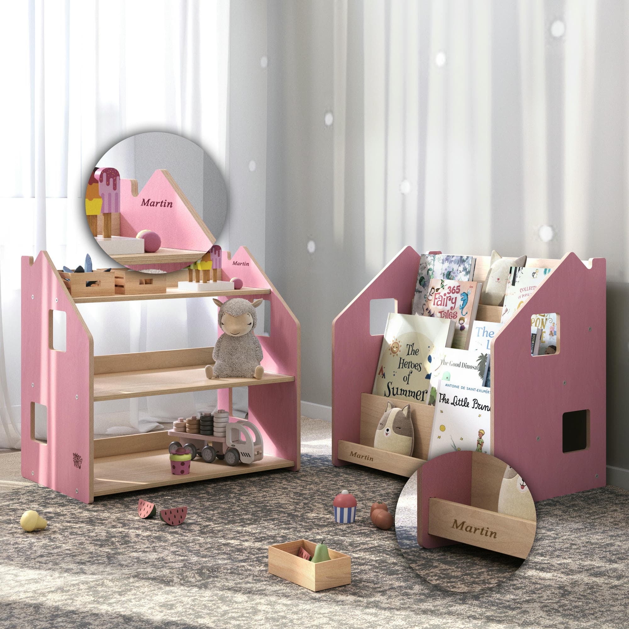 Ensemble - Bibliothèque enfant + Étagère à jouets - Couleur bleu clair / rose