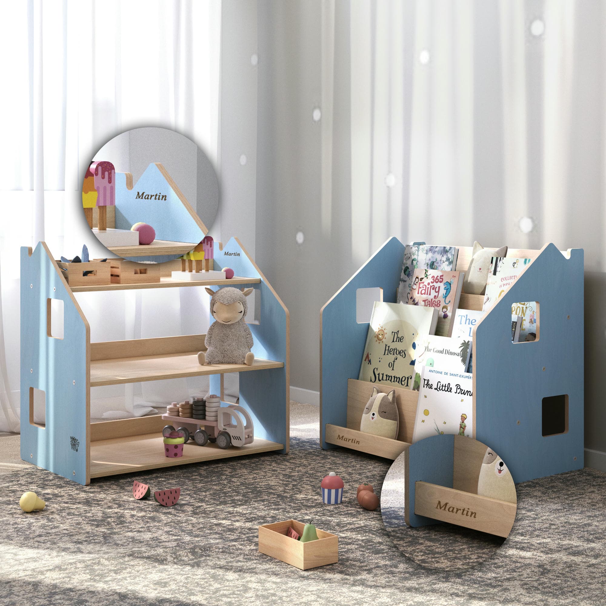 Ensemble - Bibliothèque enfant + Étagère à jouets - Couleur bleu clair / rose