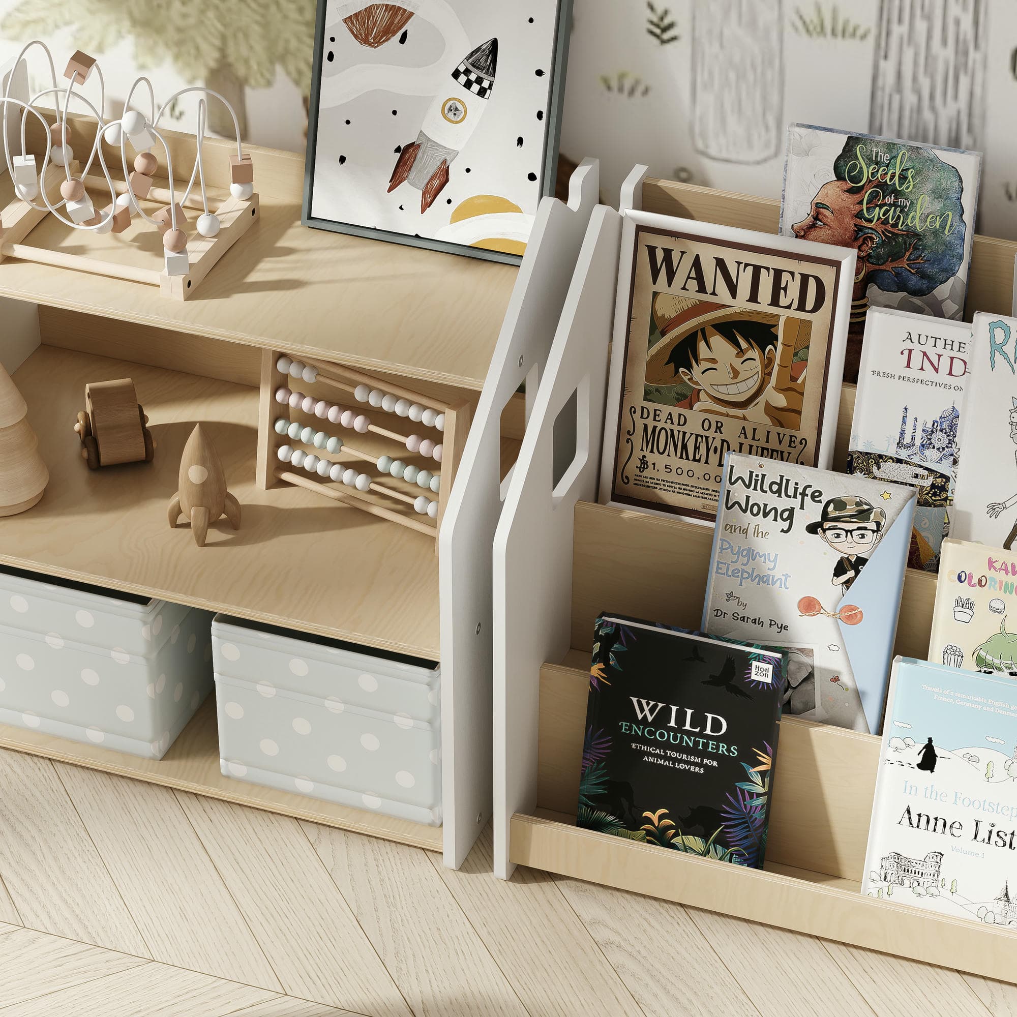 Ensemble - Bibliothèque enfant + Étagère à jouets - Blanc et Gris