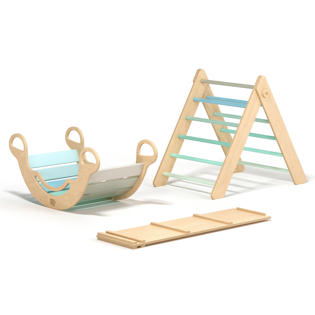 Ensemble - Triangle de Pikler + un grand toboggan à double face + bascule d’équilibre