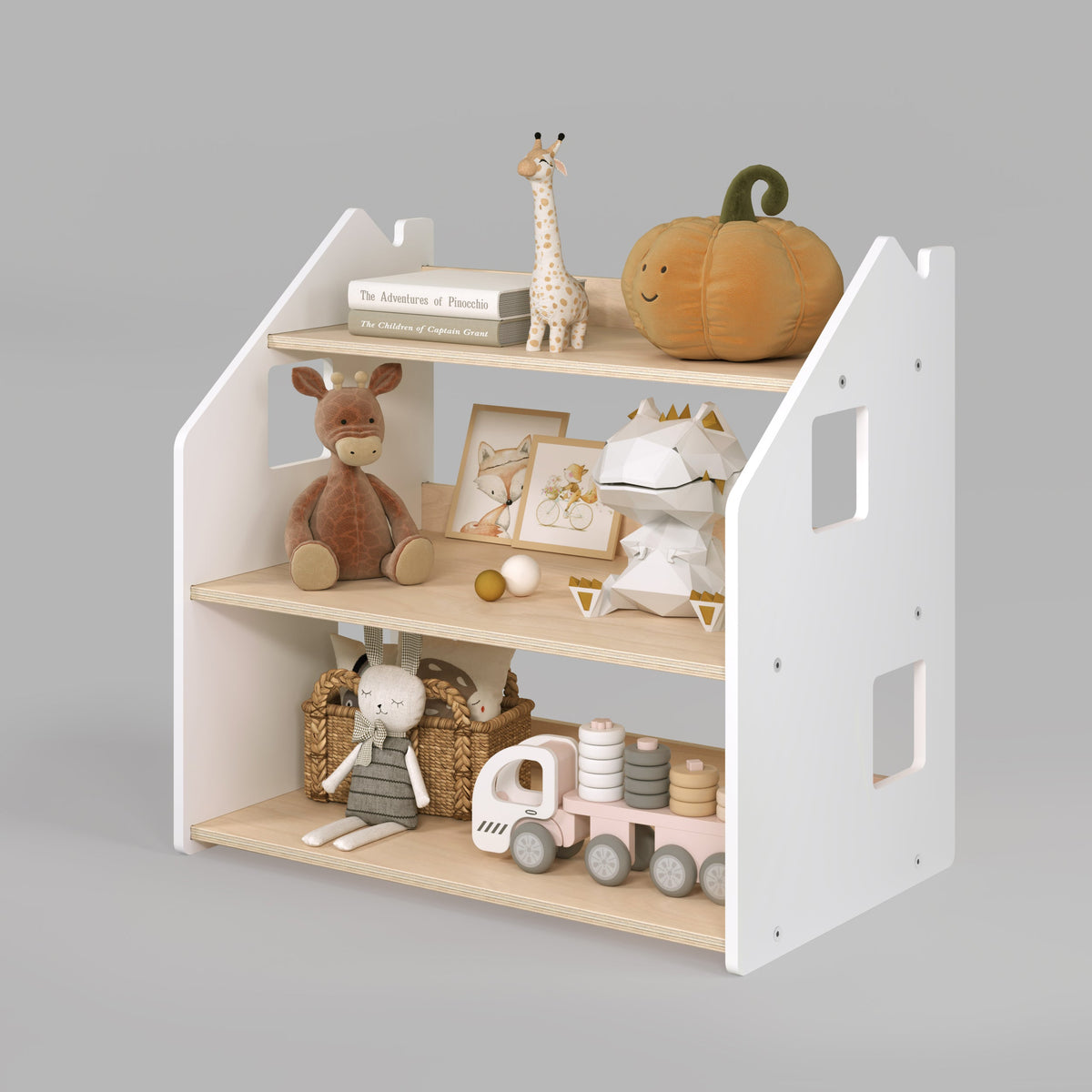 Ensemble - Bibliothèque enfant + Étagère à jouets - Blanc et Gris