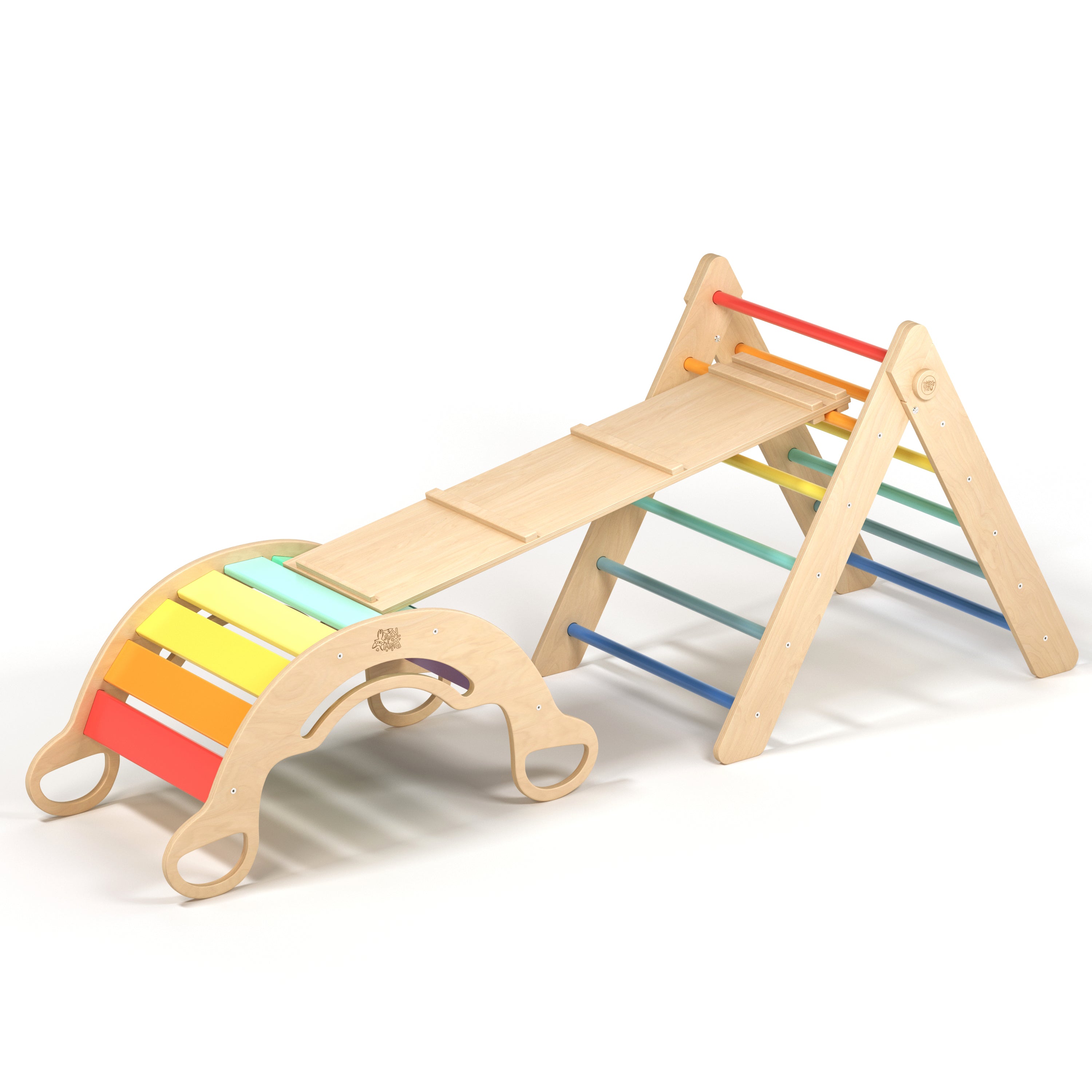 Ensemble - Triangle de Pikler + un grand toboggan à double face + bascule d’équilibre
